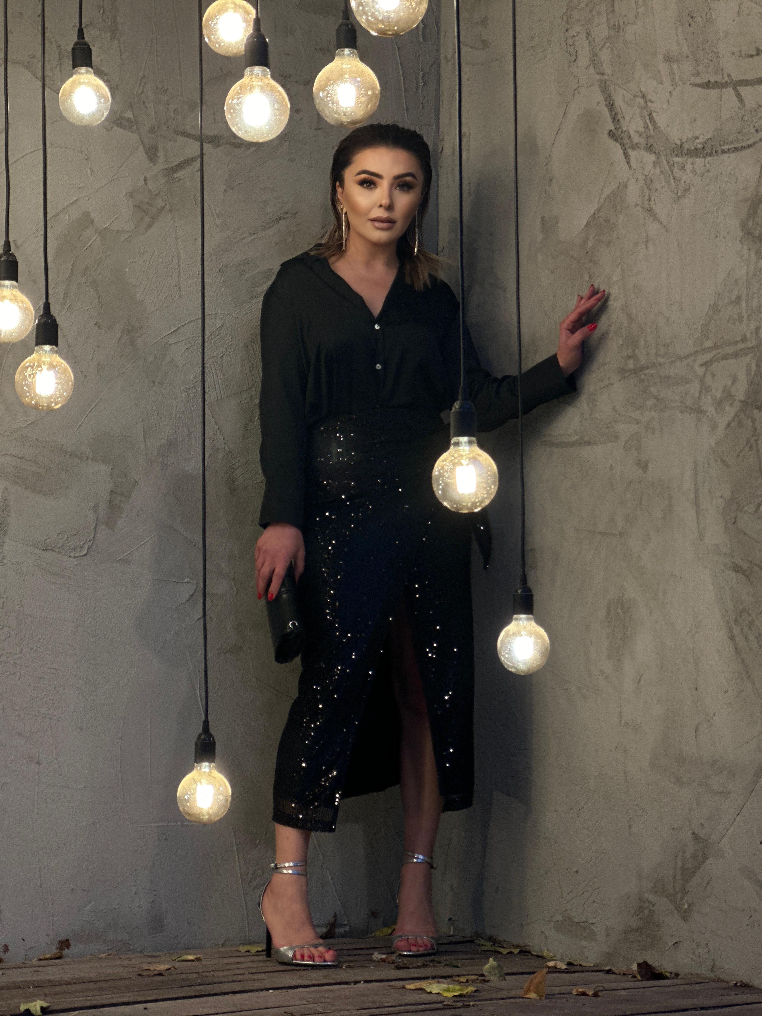 Black Side Tie Detail Sequin Long Skirt