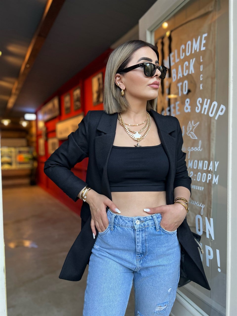 Siyah Yün Efekt Blazer Ceket