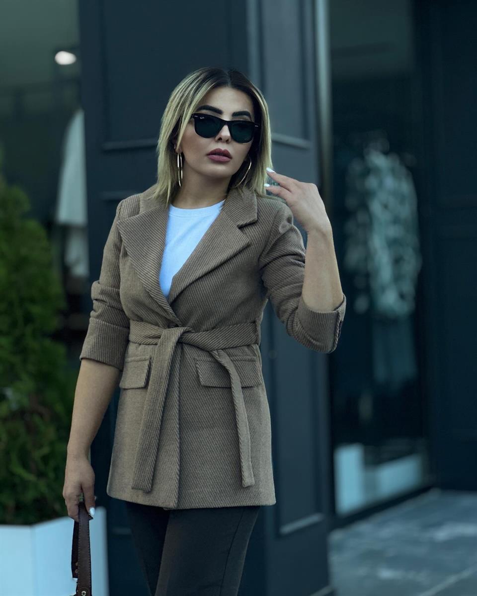 Sütlü Kahve Kuşaklı Kaşe Kaban 