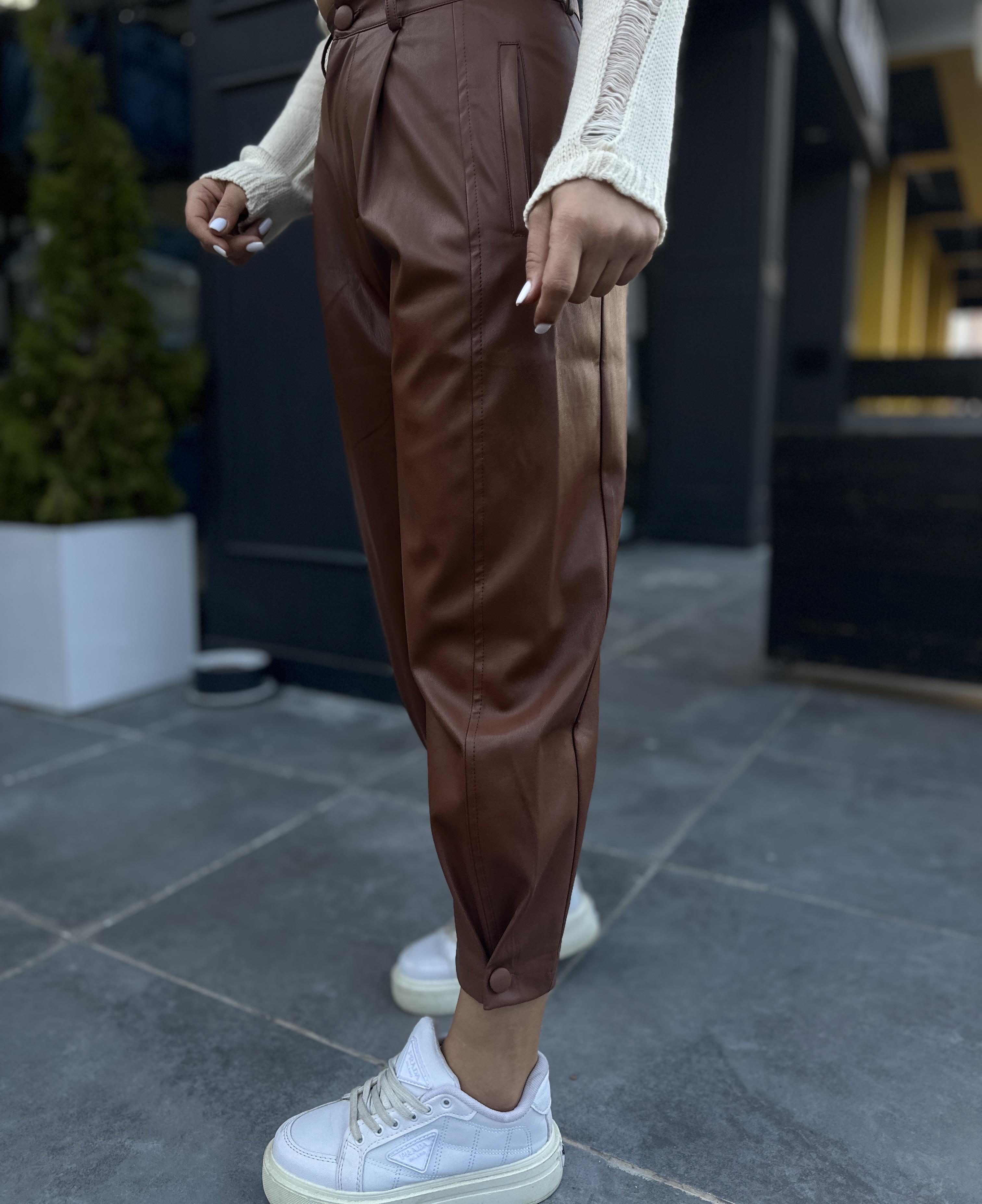 Taba Deri Paça Düğmeli Slouchy Pantolon