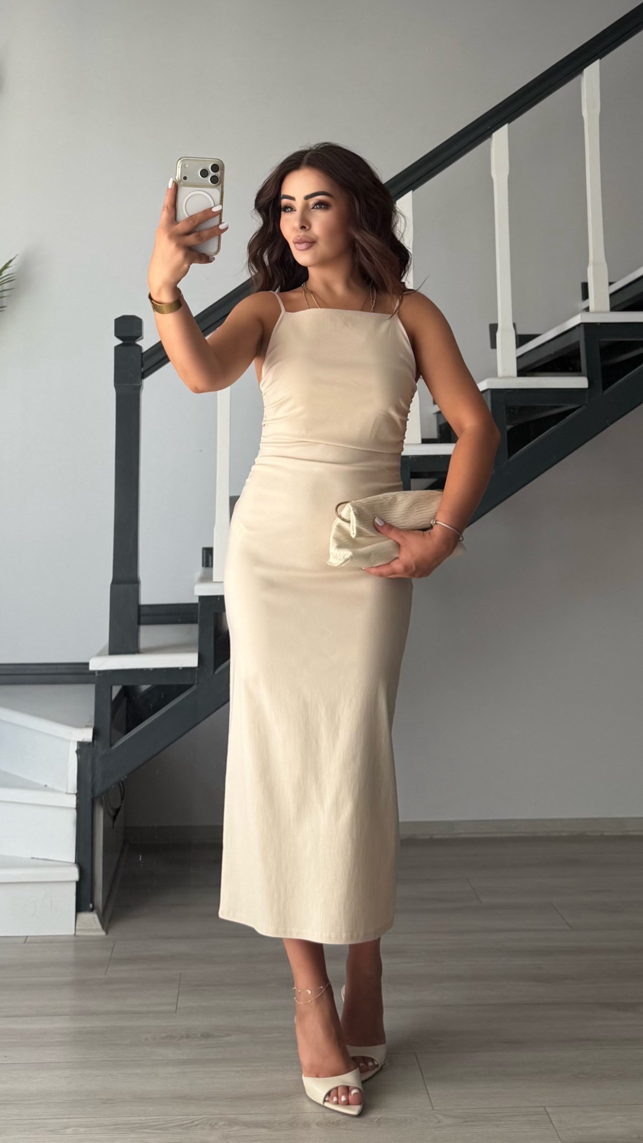 Stone Ruched Midi Dress with Adjustable Straps