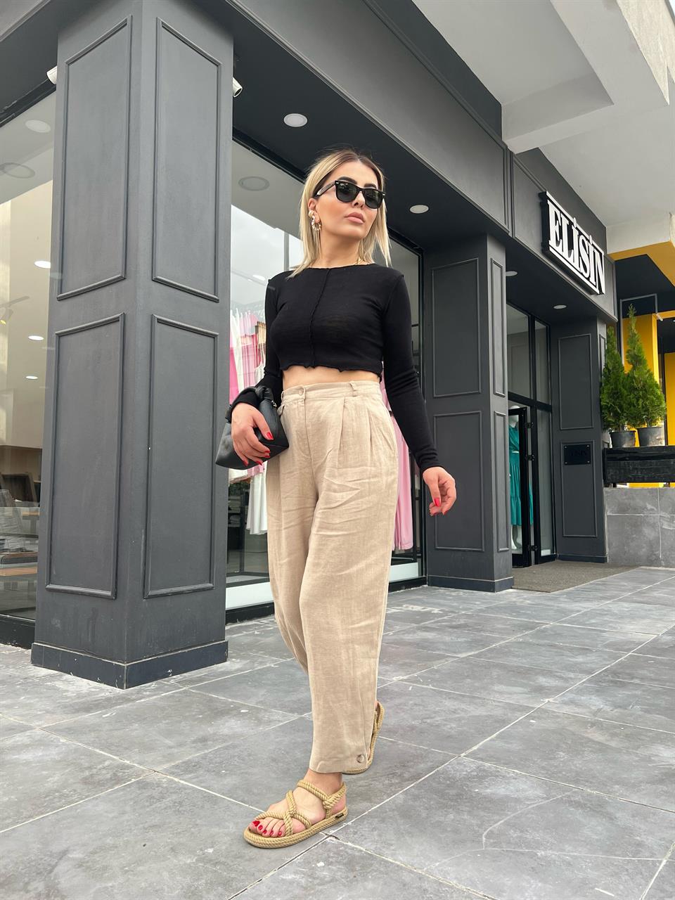 Stone Raw Linen Button-Down Trousers