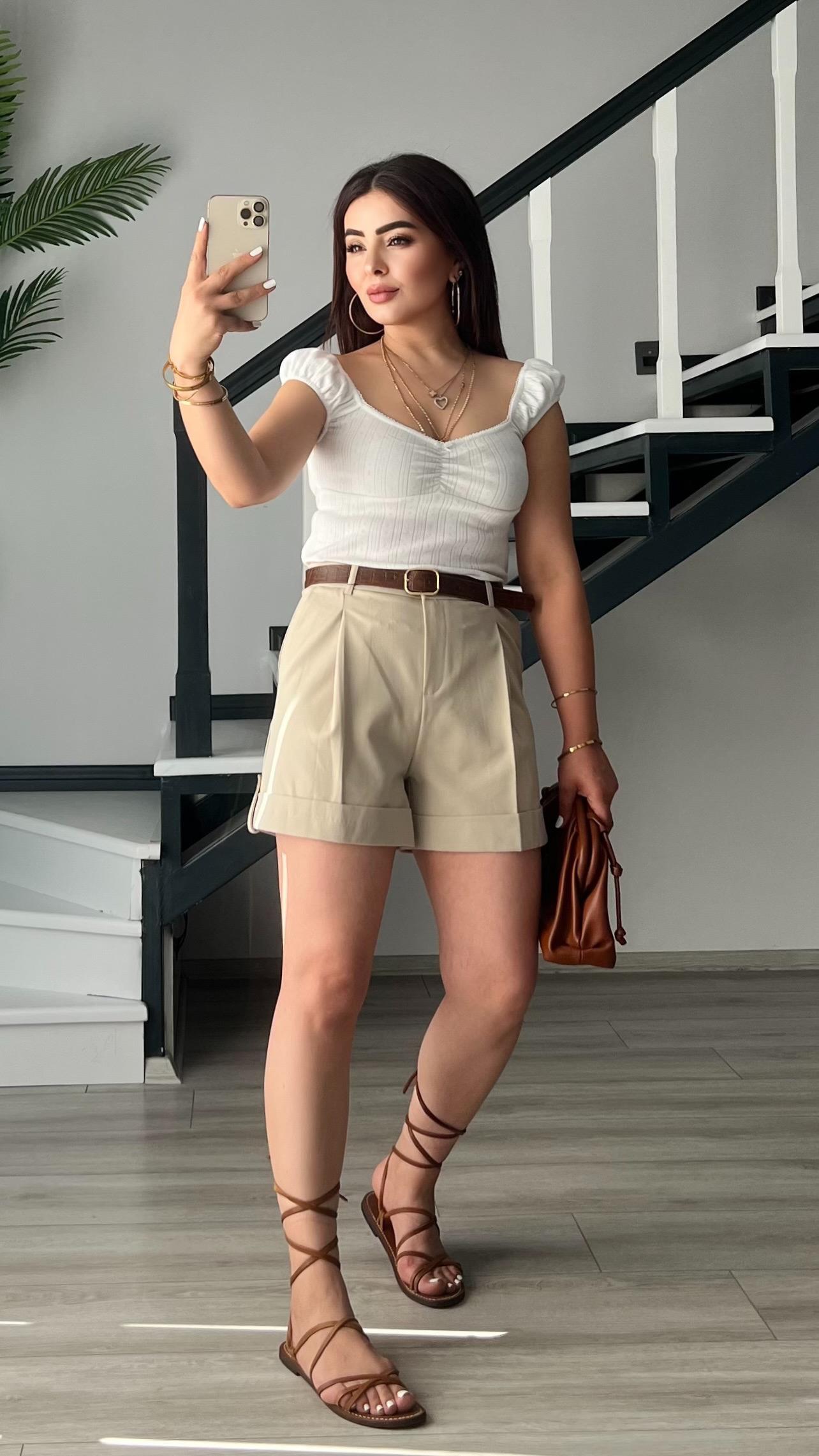 Stone Belted Double Hem Shorts