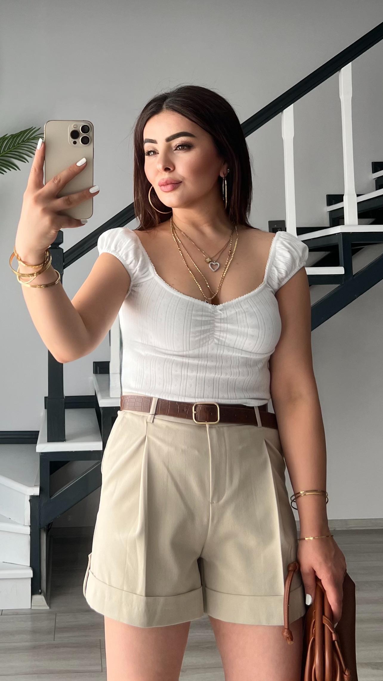 Stone Belted Double Hem Shorts