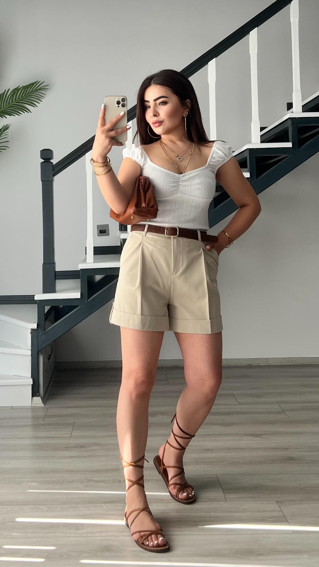 Stone Belted Double Hem Shorts