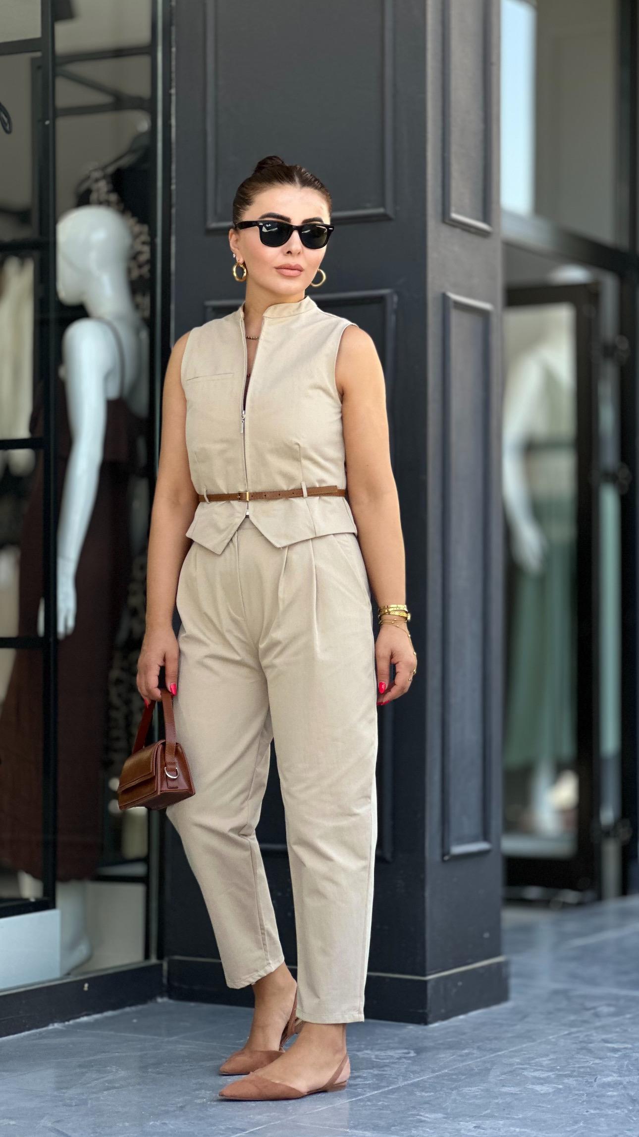 Stone Belted Vest and Trousers Set