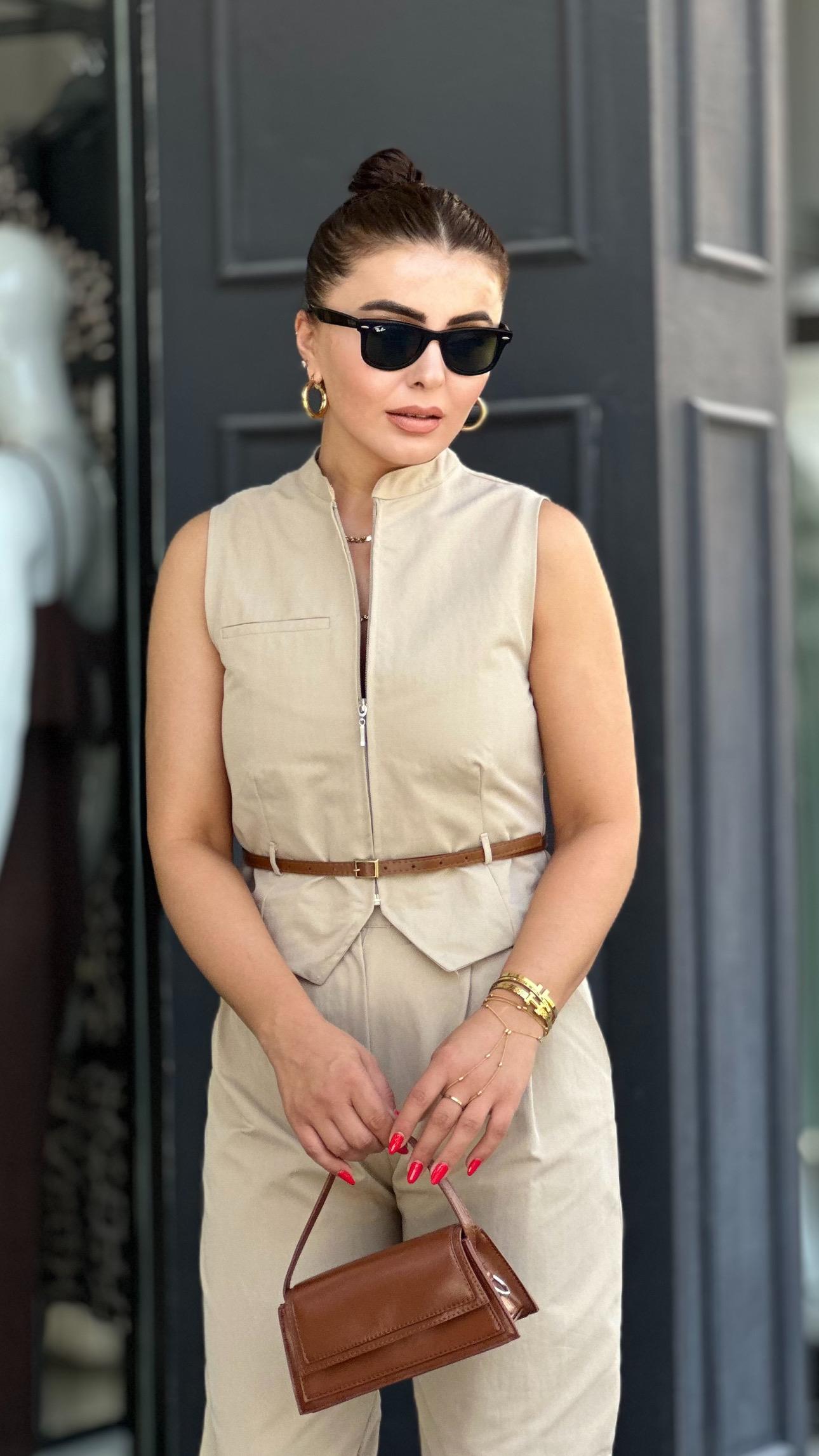 Stone Belted Vest and Trousers Set