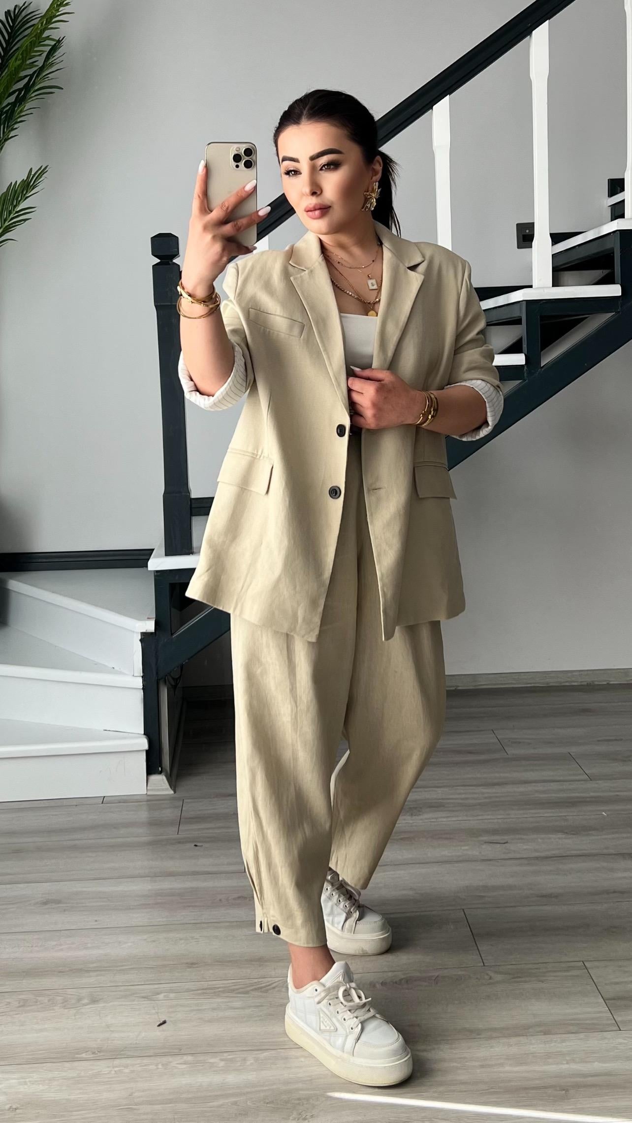 Stone Linen Jacket and Trousers Suit