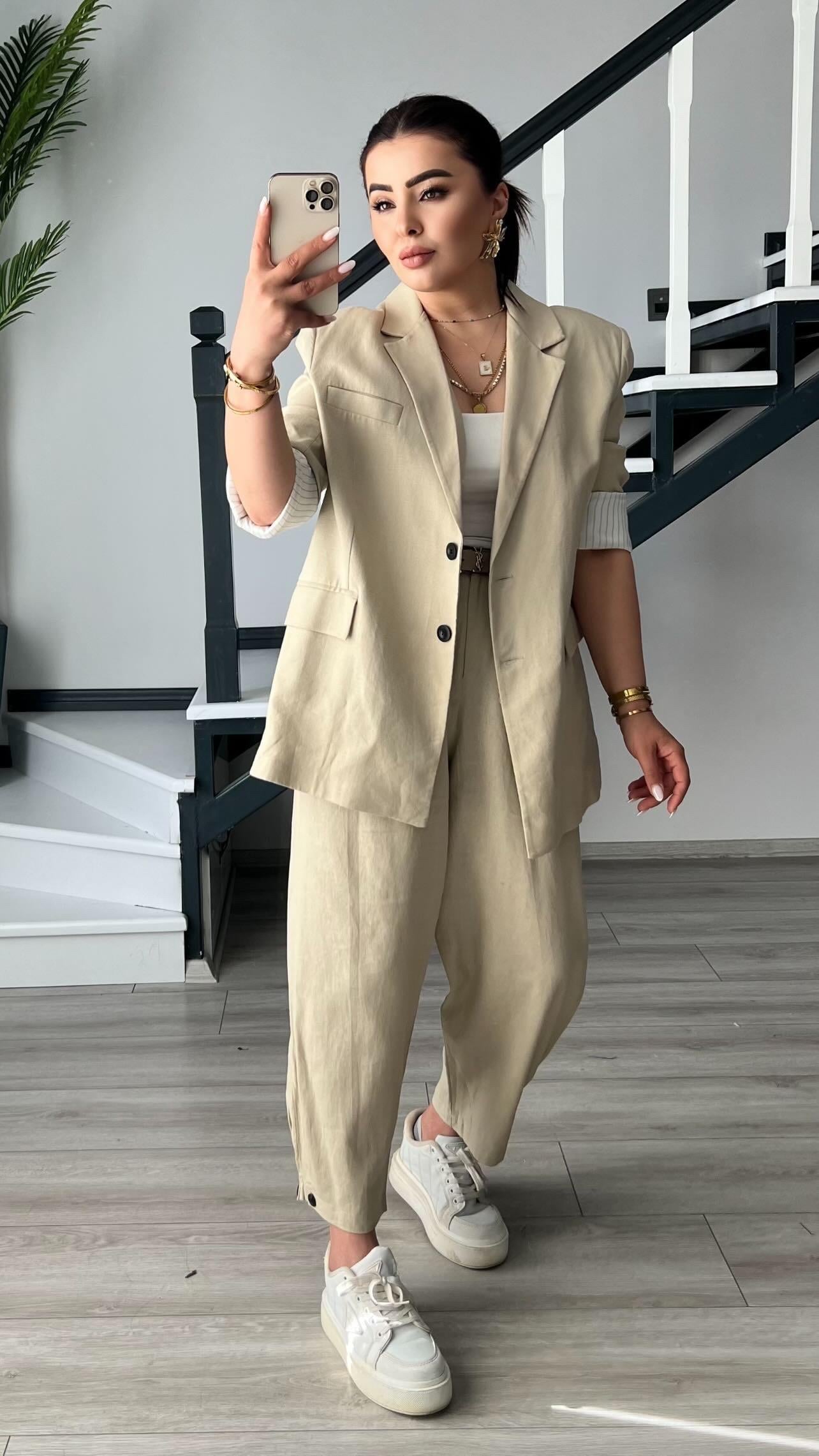 Stone Linen Jacket and Trousers Suit