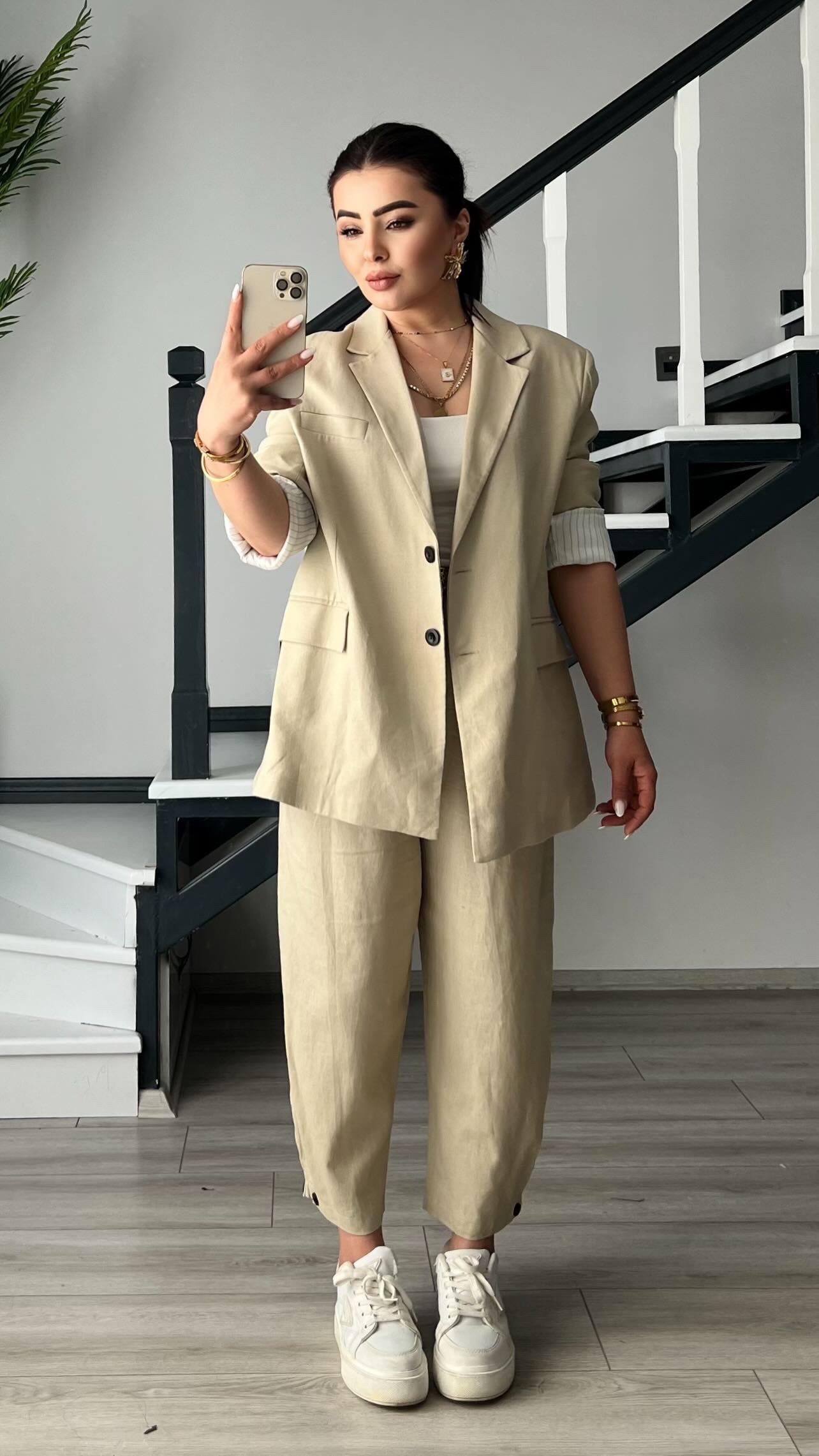 Stone Linen Jacket and Trousers Suit