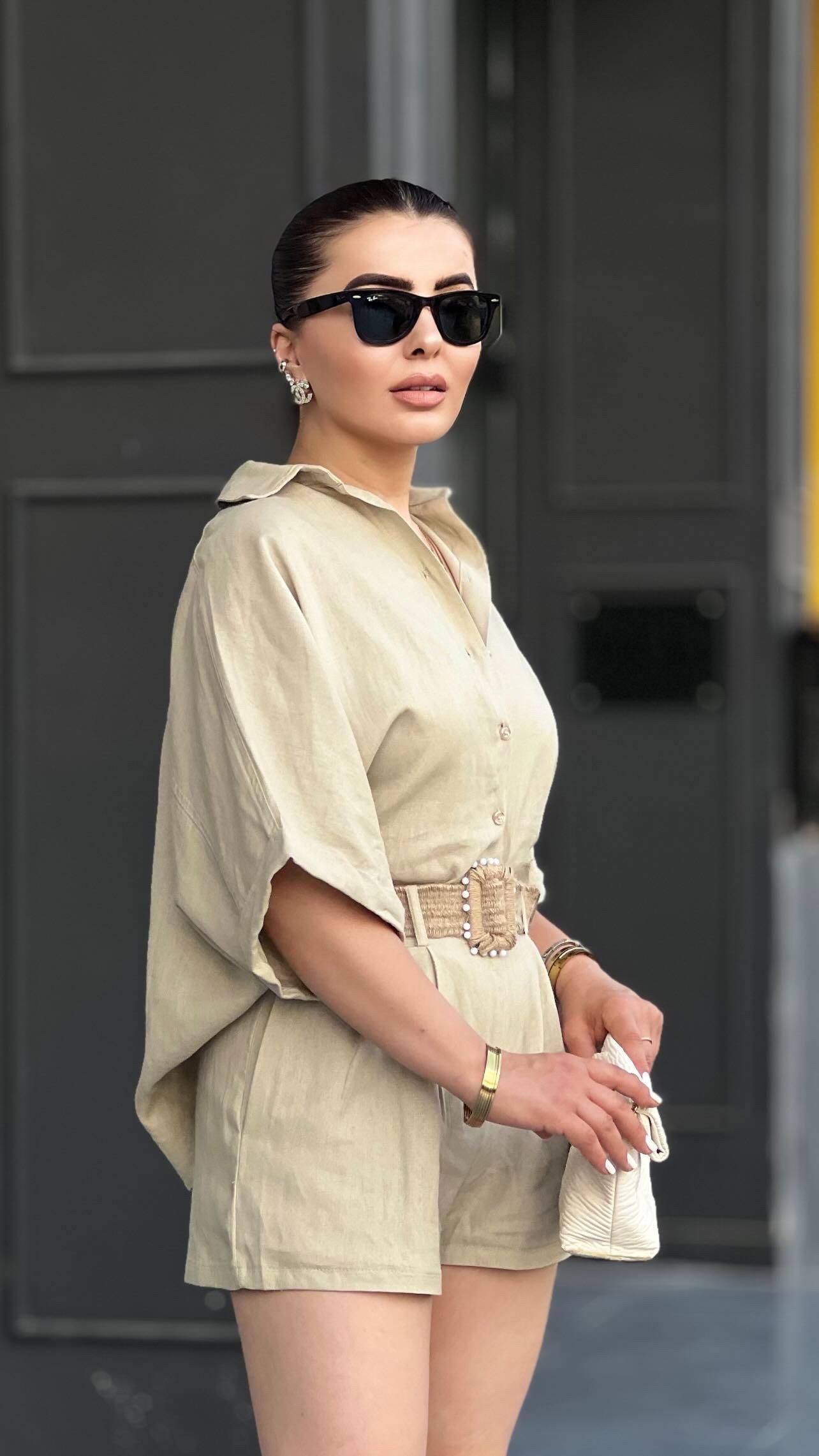 Stone Linen Shirt and Shorts Set with Self-Belt
