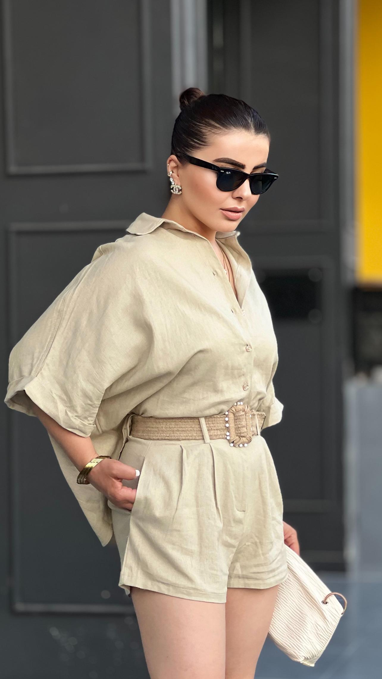 Stone Linen Shirt and Shorts Set with Self-Belt