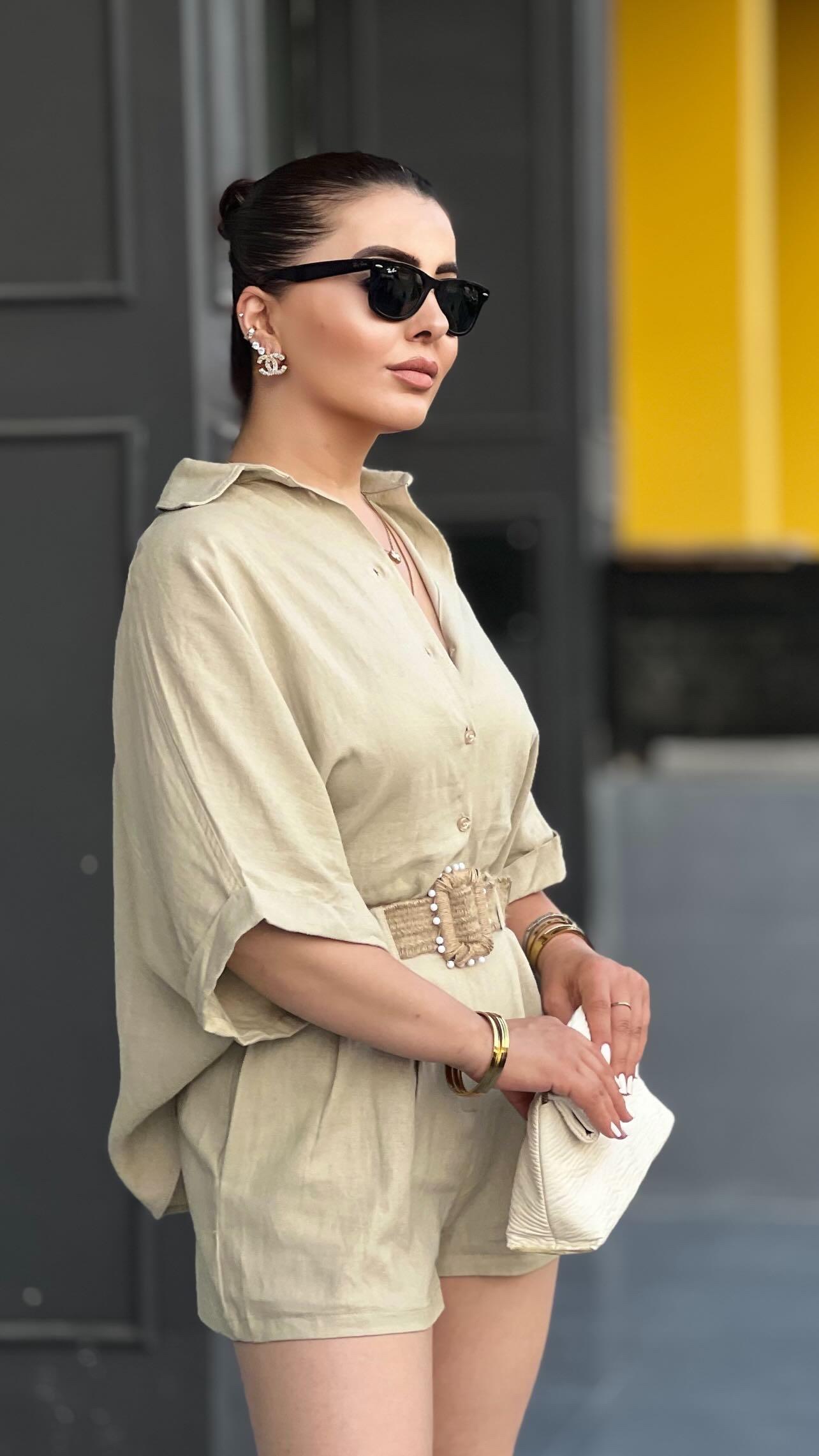 Stone Linen Shirt and Shorts Set with Self-Belt