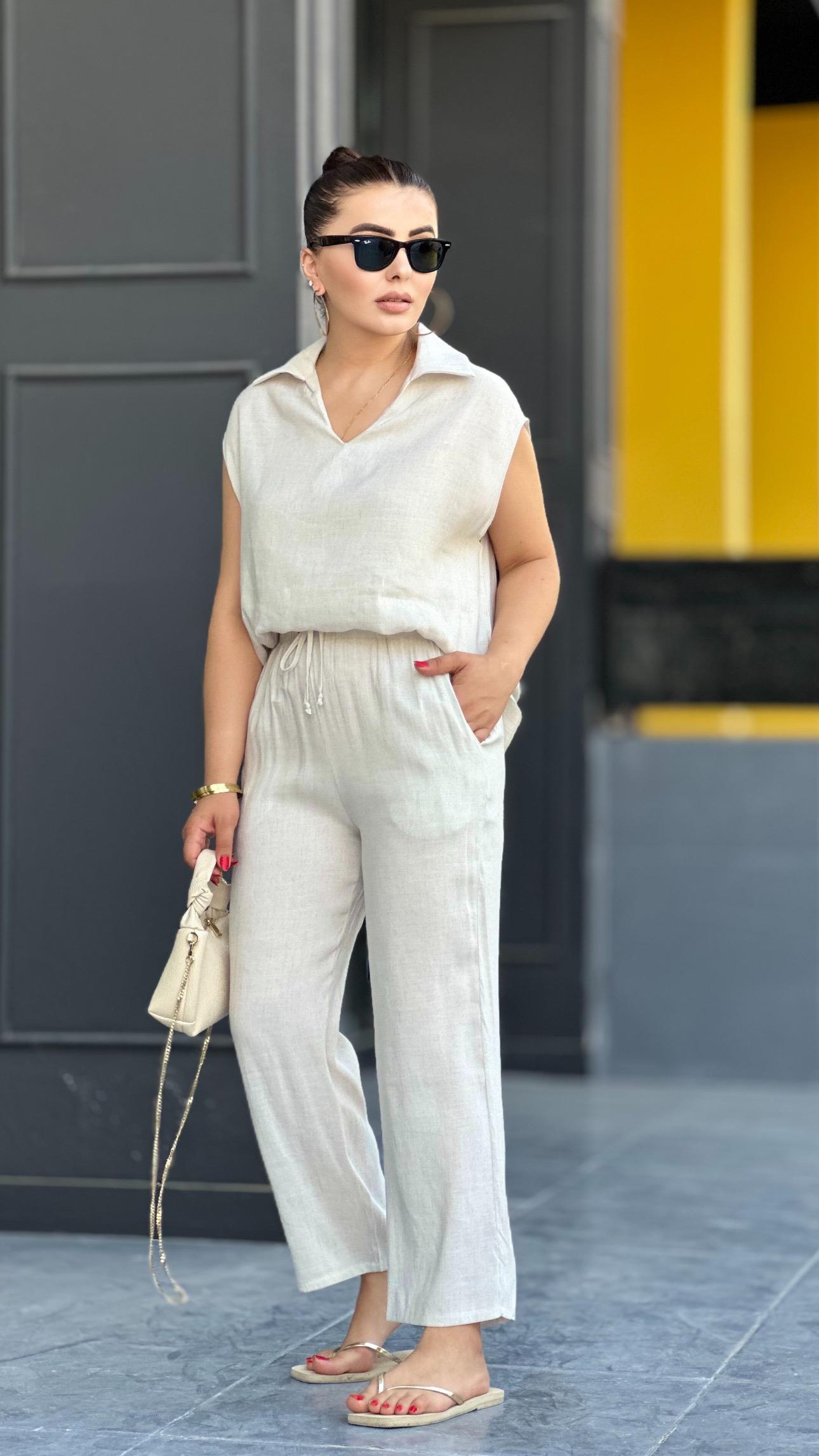 Stone Linen Sleeveless Blouse and Trouser Set