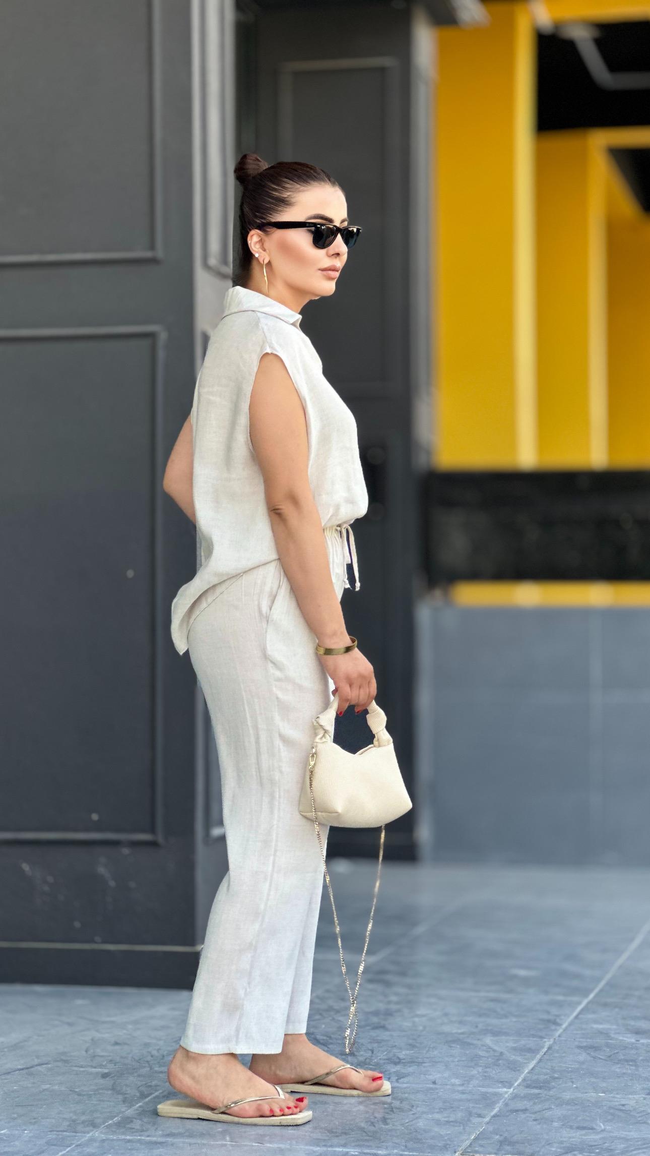Stone Linen Sleeveless Blouse and Trouser Set