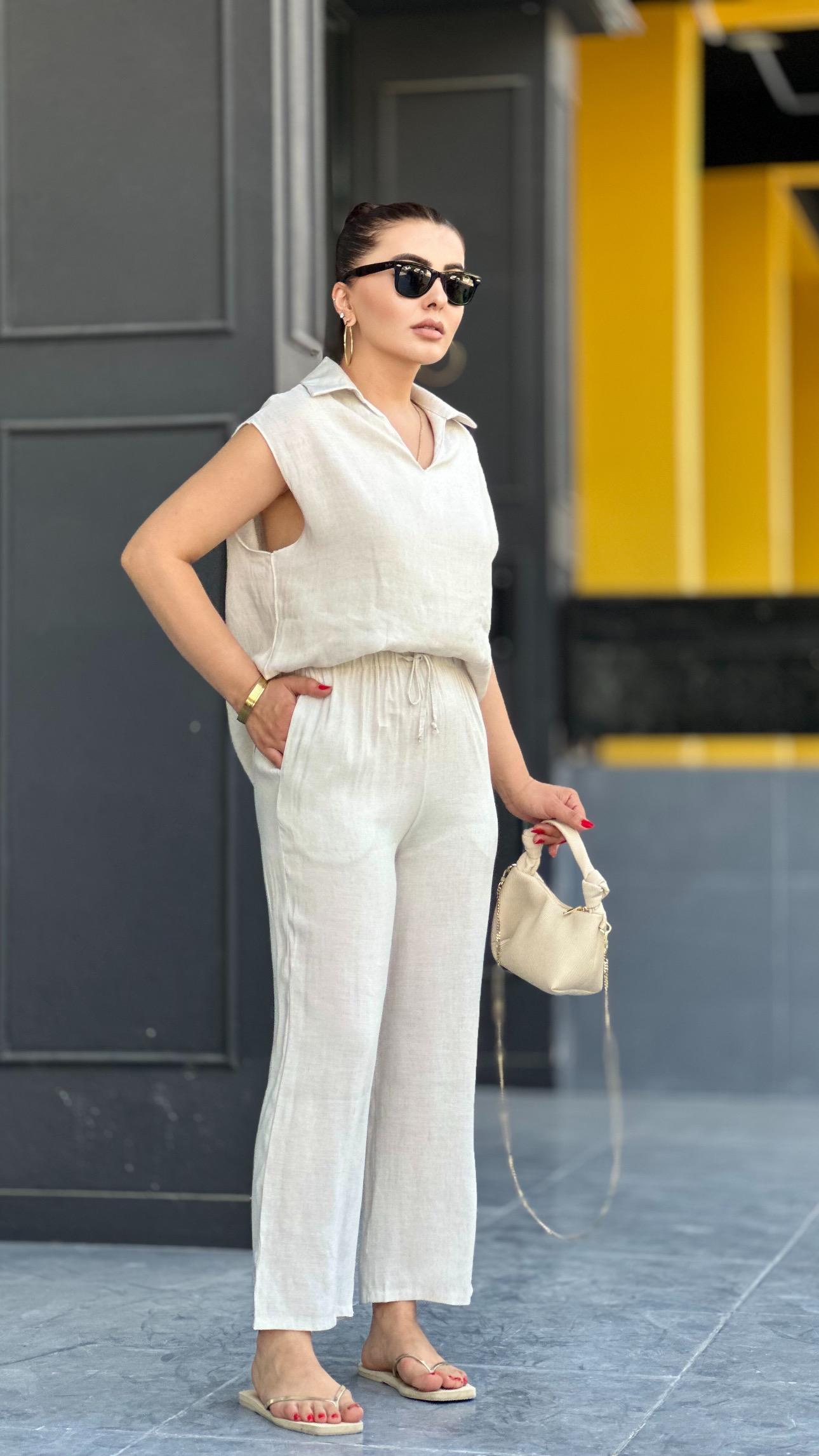 Stone Linen Sleeveless Blouse and Trouser Set