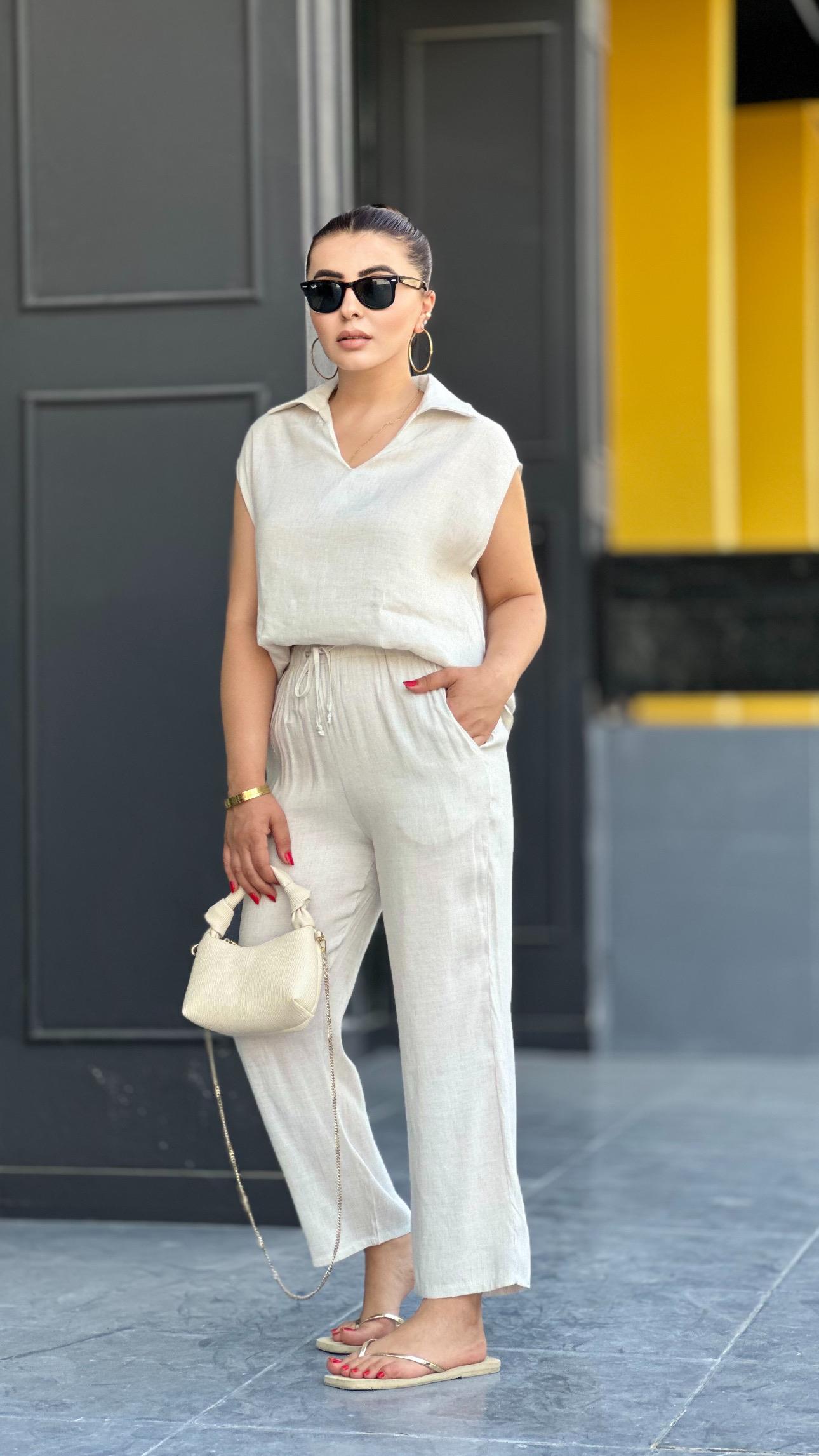 Stone Linen Sleeveless Blouse and Trouser Set