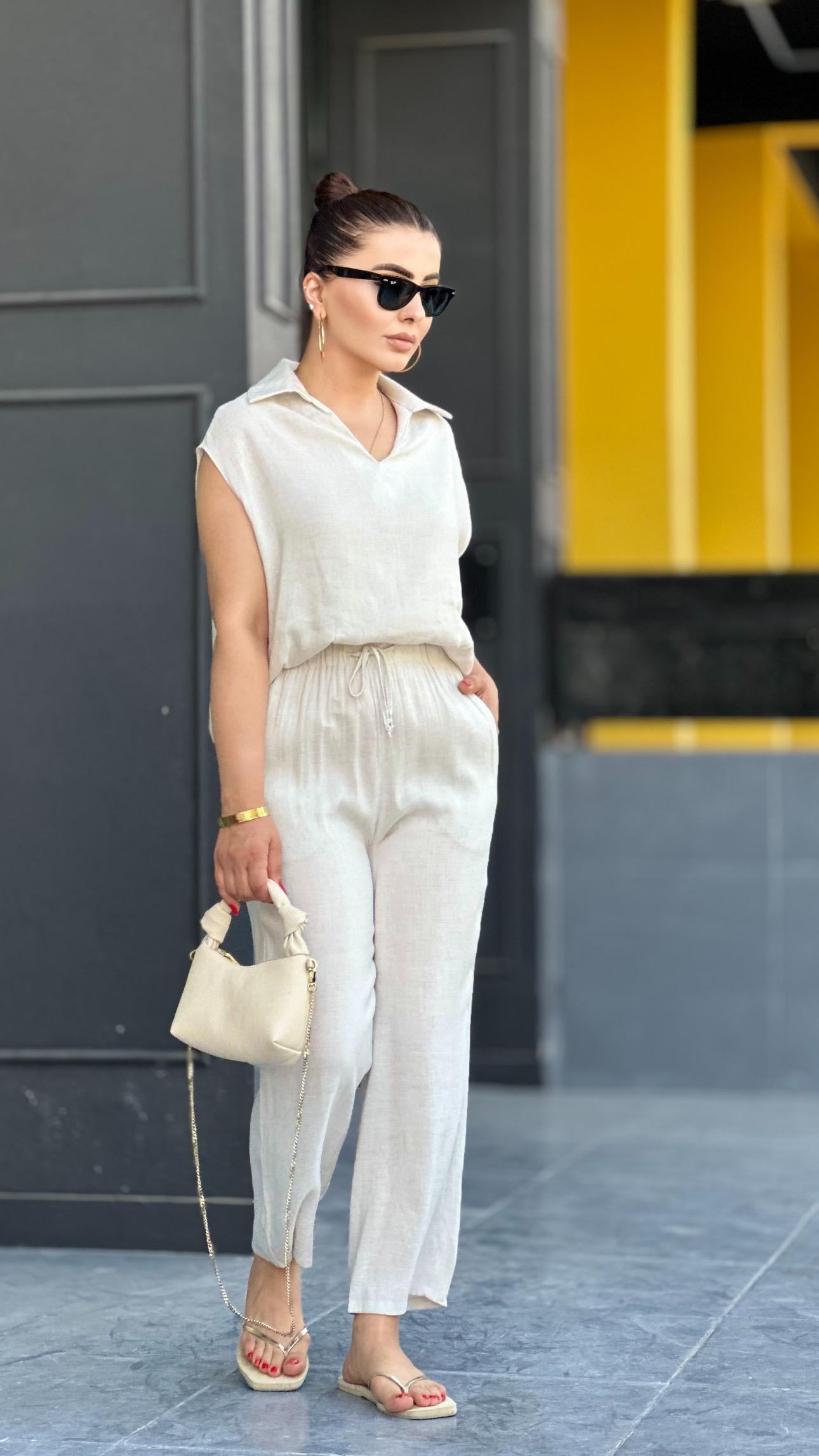 Stone Linen Sleeveless Blouse and Trouser Set