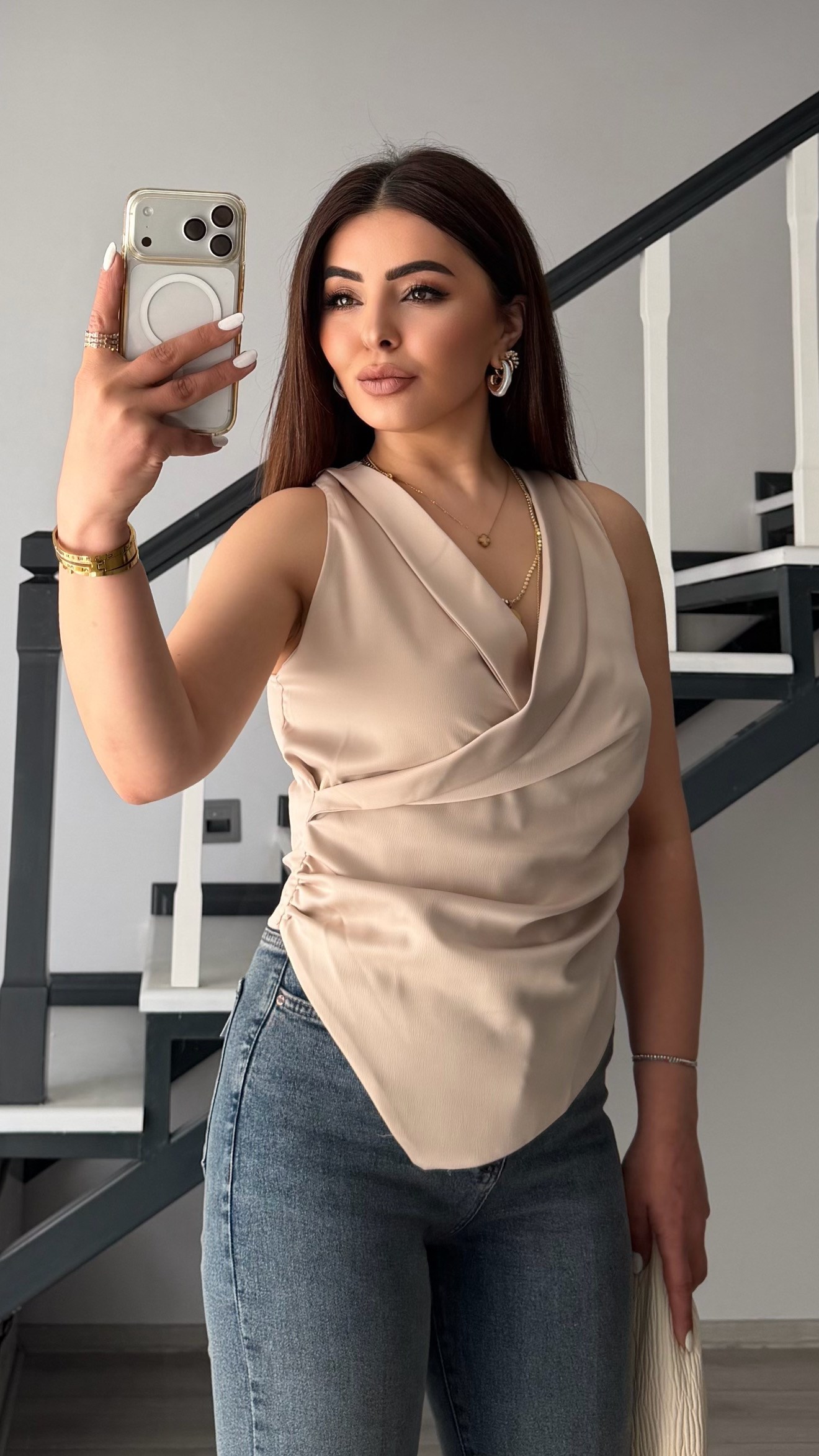 Stone Double-Breasted Asymmetric Satin Blouse