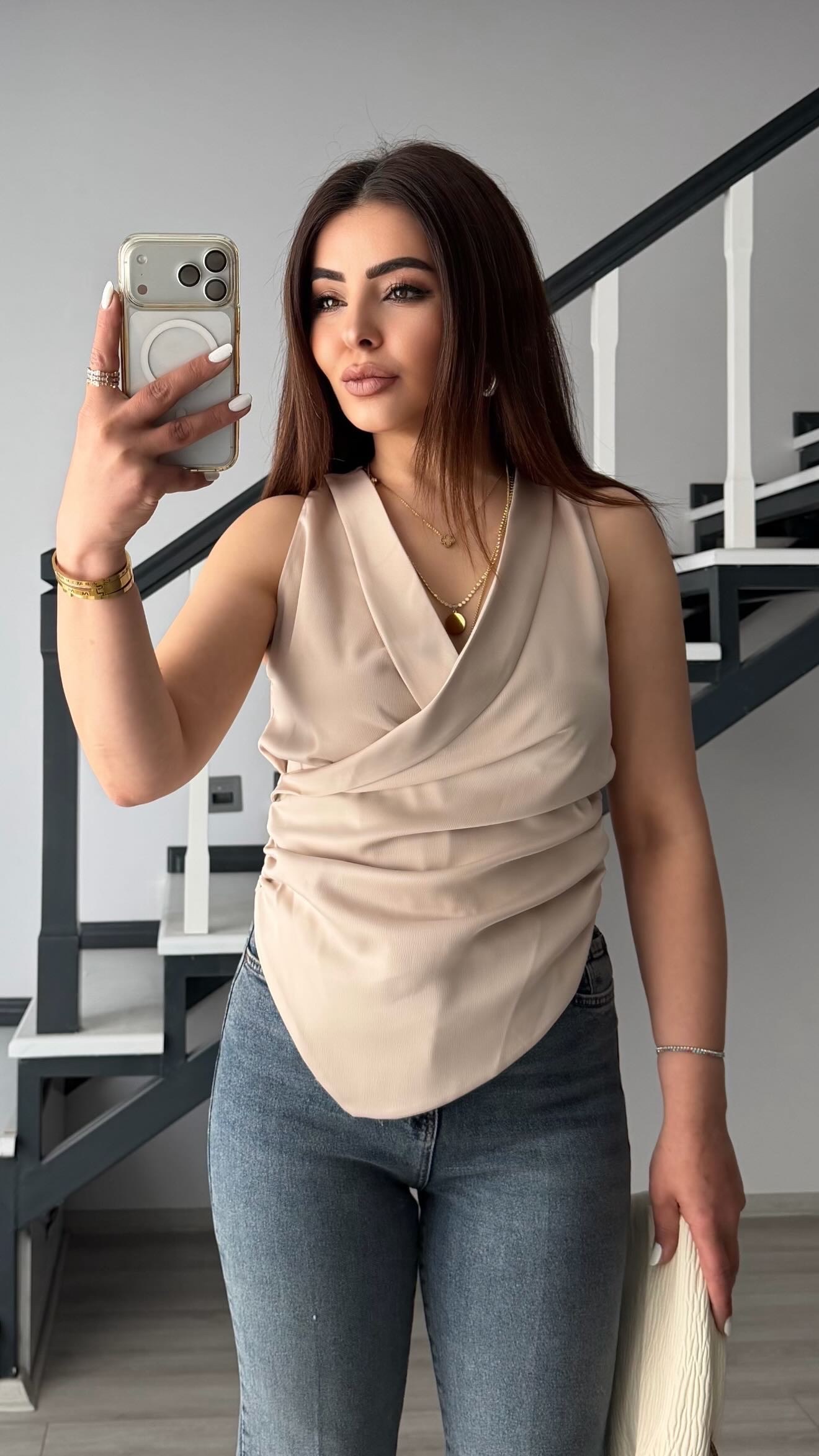 Stone Double-Breasted Asymmetric Satin Blouse