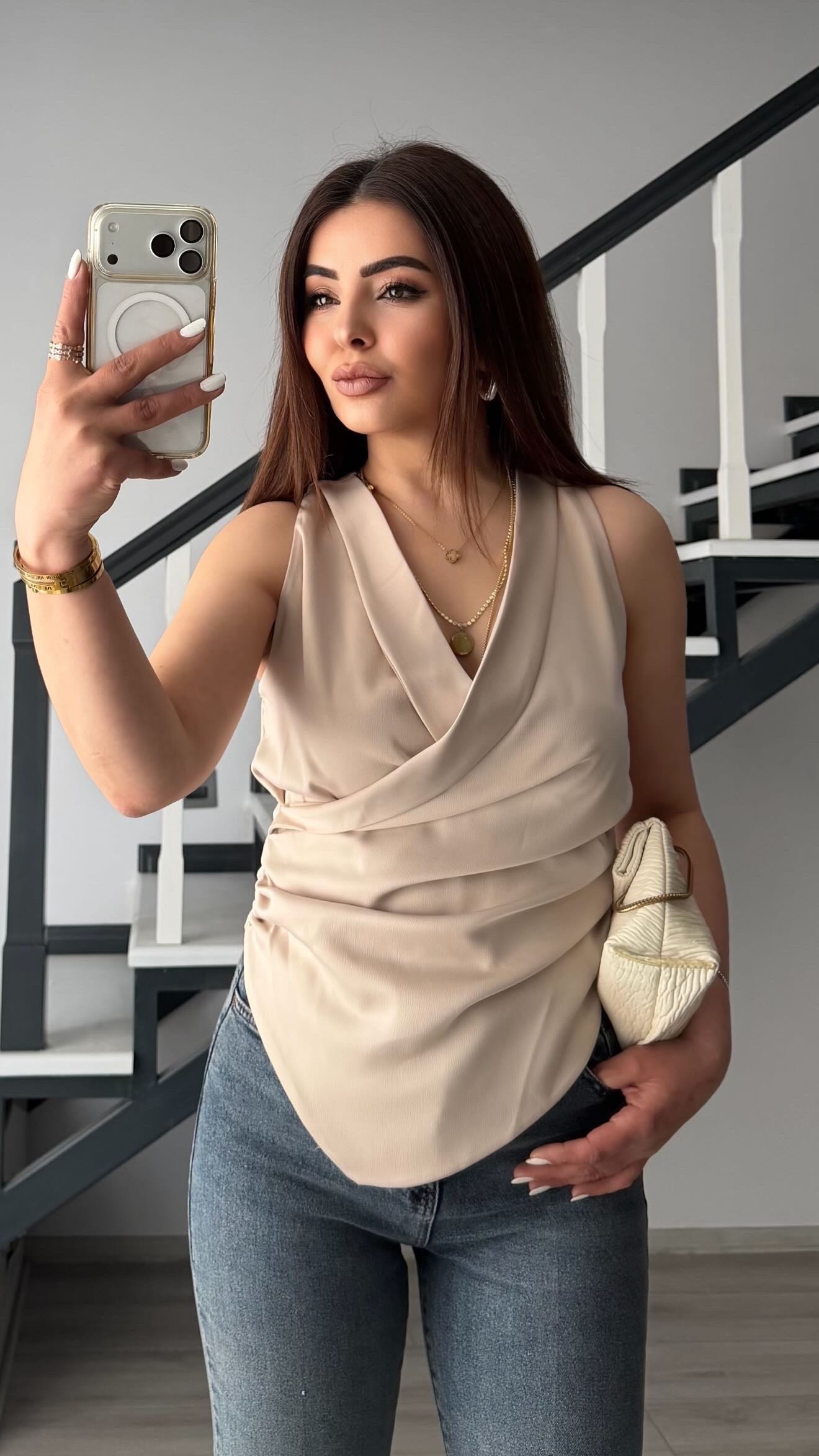 Stone Double-Breasted Asymmetric Satin Blouse