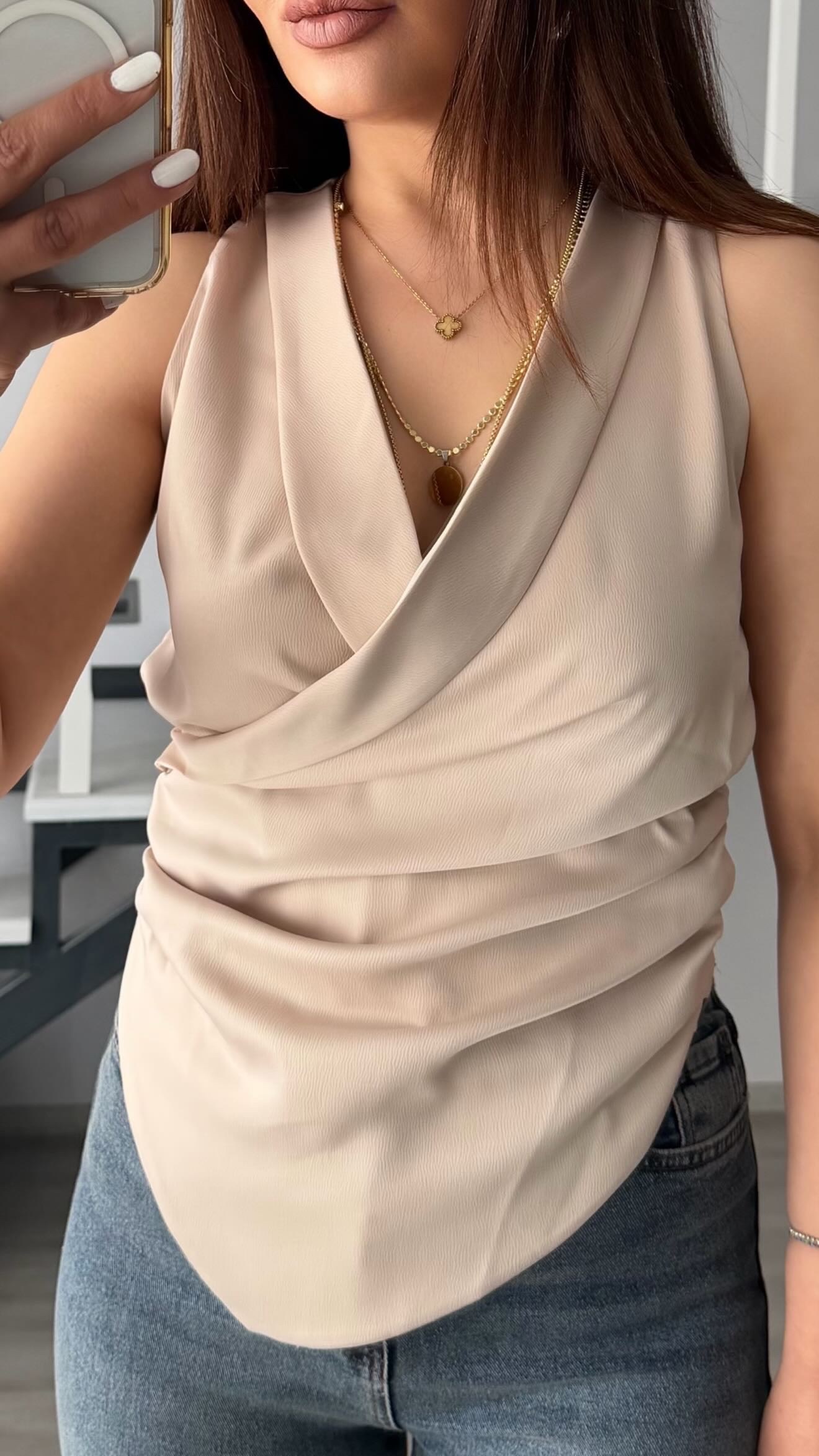 Stone Double-Breasted Asymmetric Satin Blouse