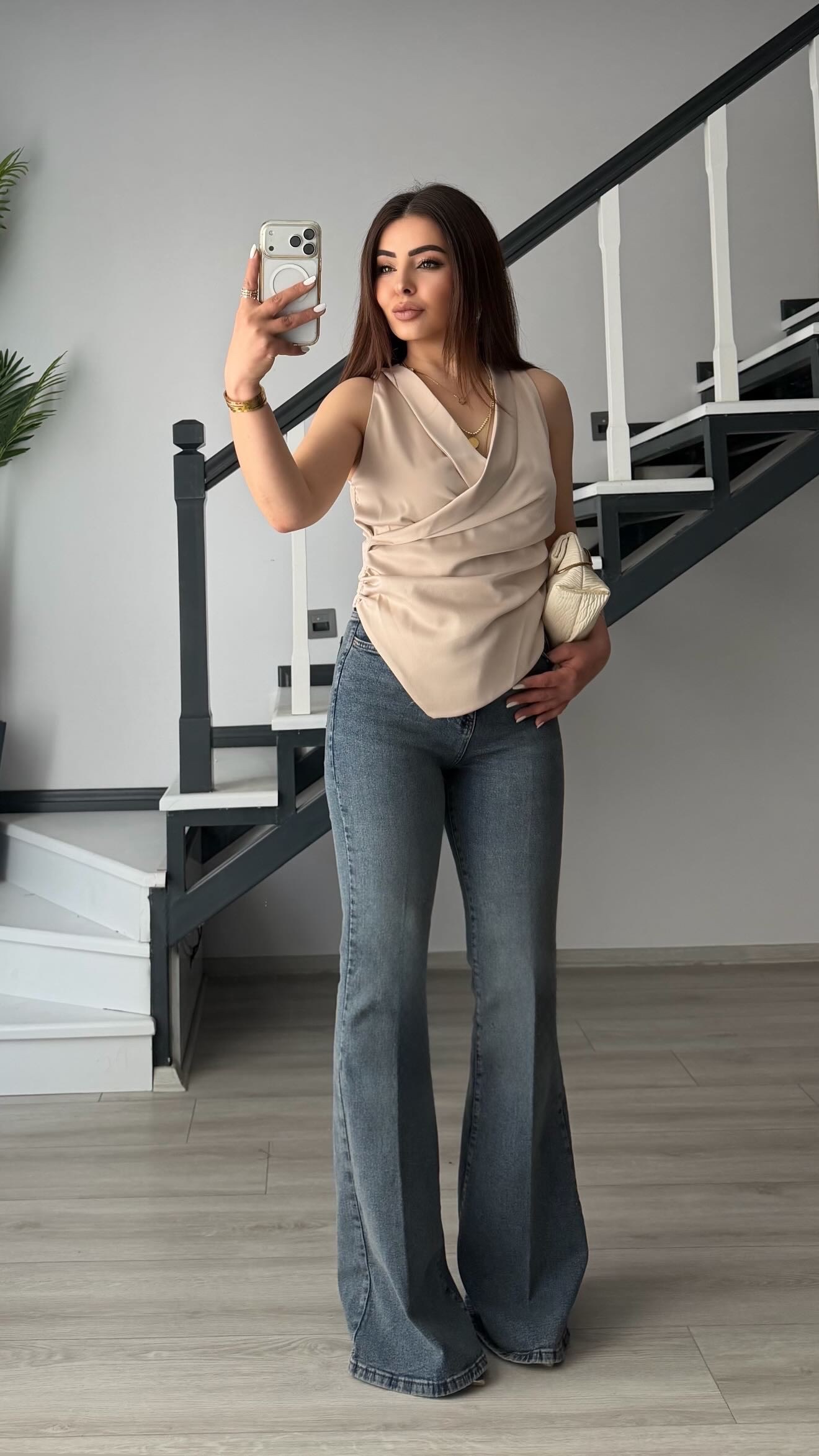 Stone Double-Breasted Asymmetric Satin Blouse