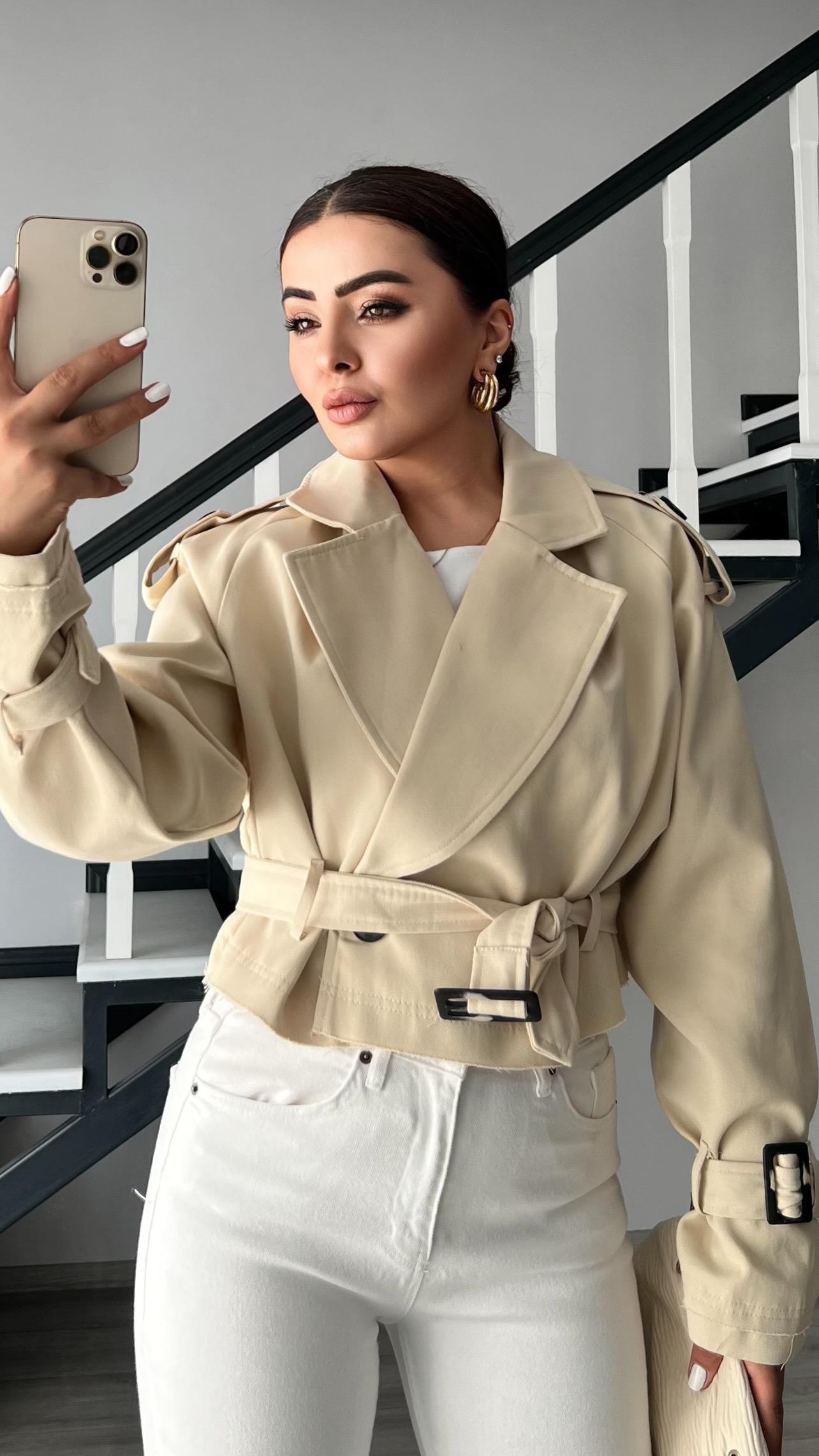 Trench Coat with Stone Shoulder Epaulets and Belt