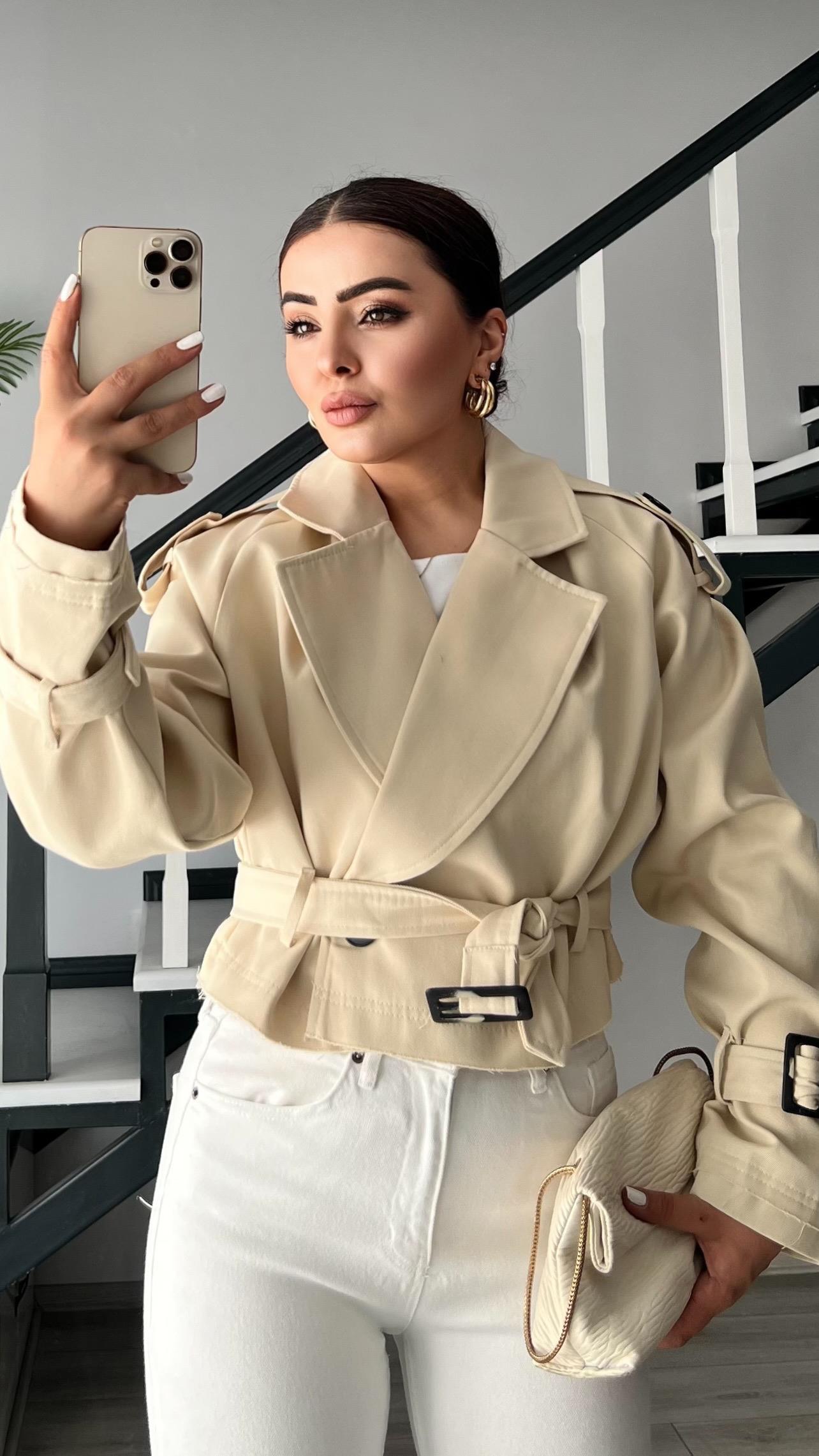 Trench Coat with Stone Shoulder Epaulets and Belt