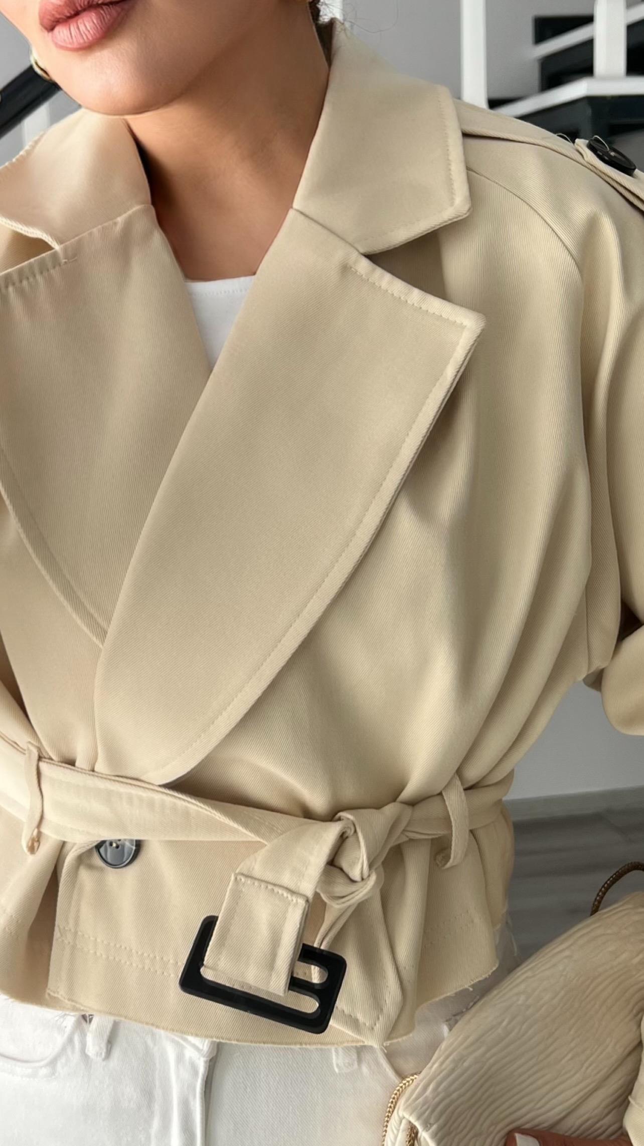 Trench Coat with Stone Shoulder Epaulets and Belt