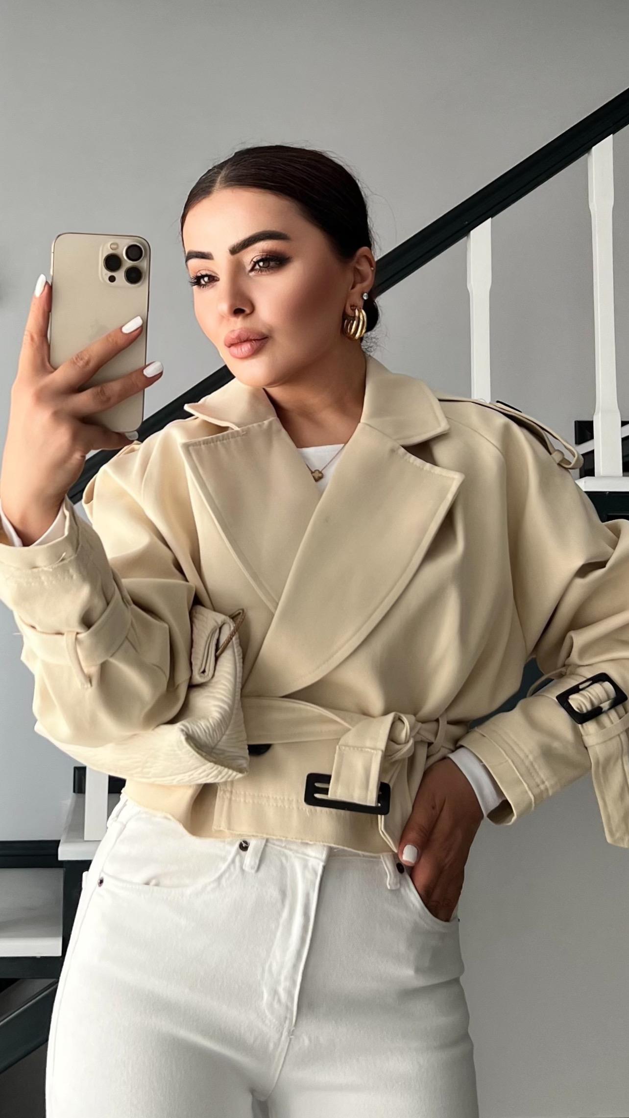 Trench Coat with Stone Shoulder Epaulets and Belt