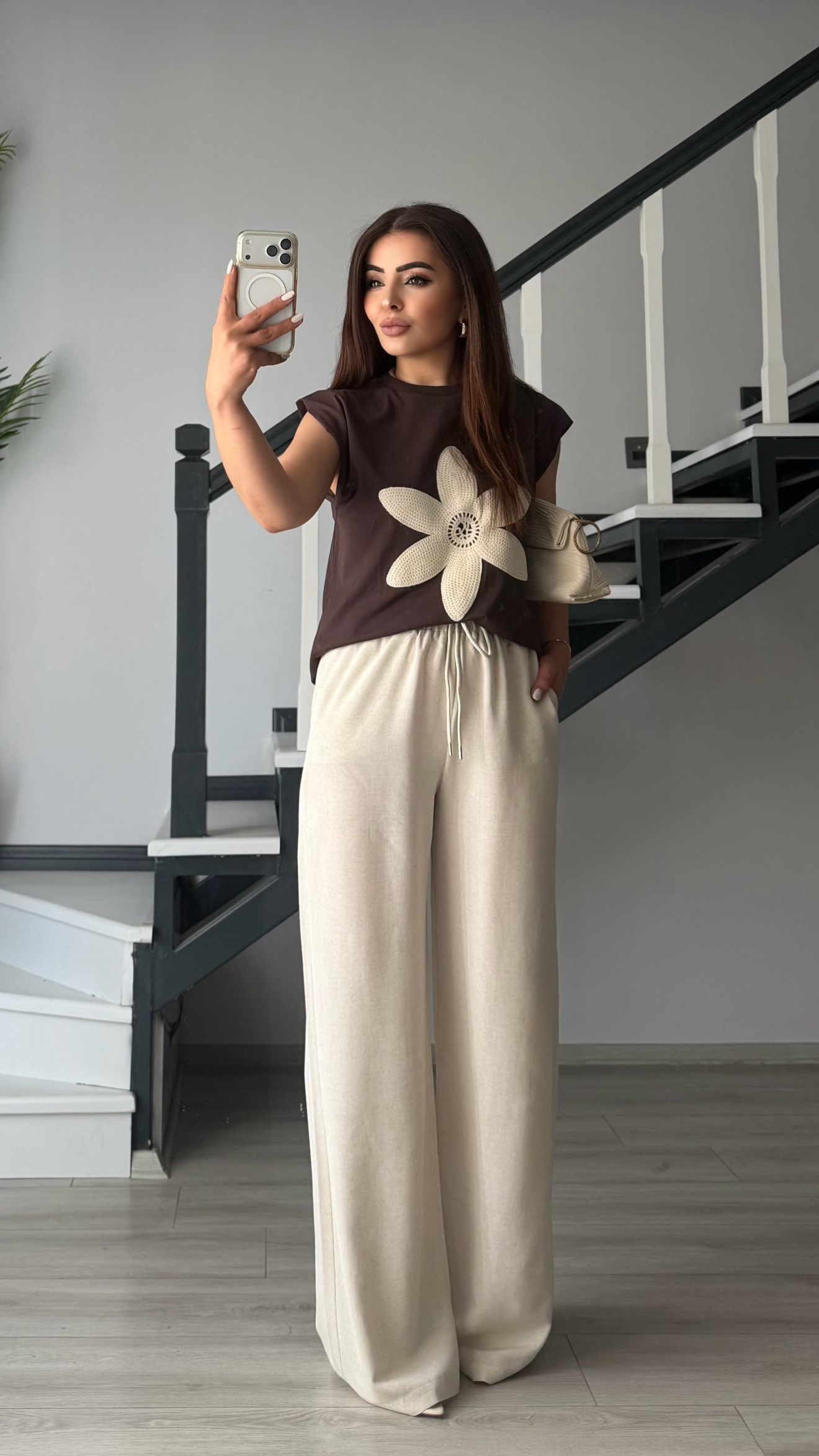 Stone Cotton Linen Tie-Waist Pants