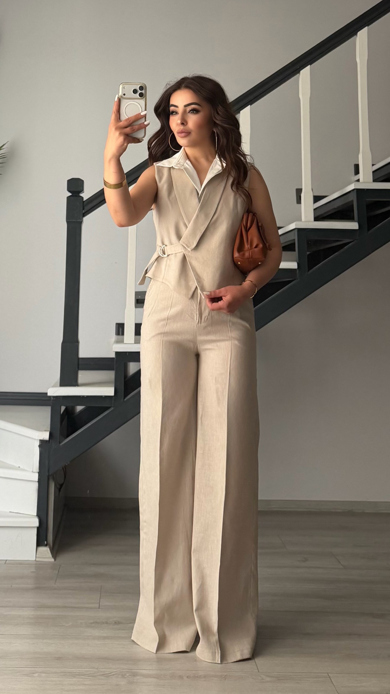 Stone Cotton Linen Pants and Vest Set with Shirt Details