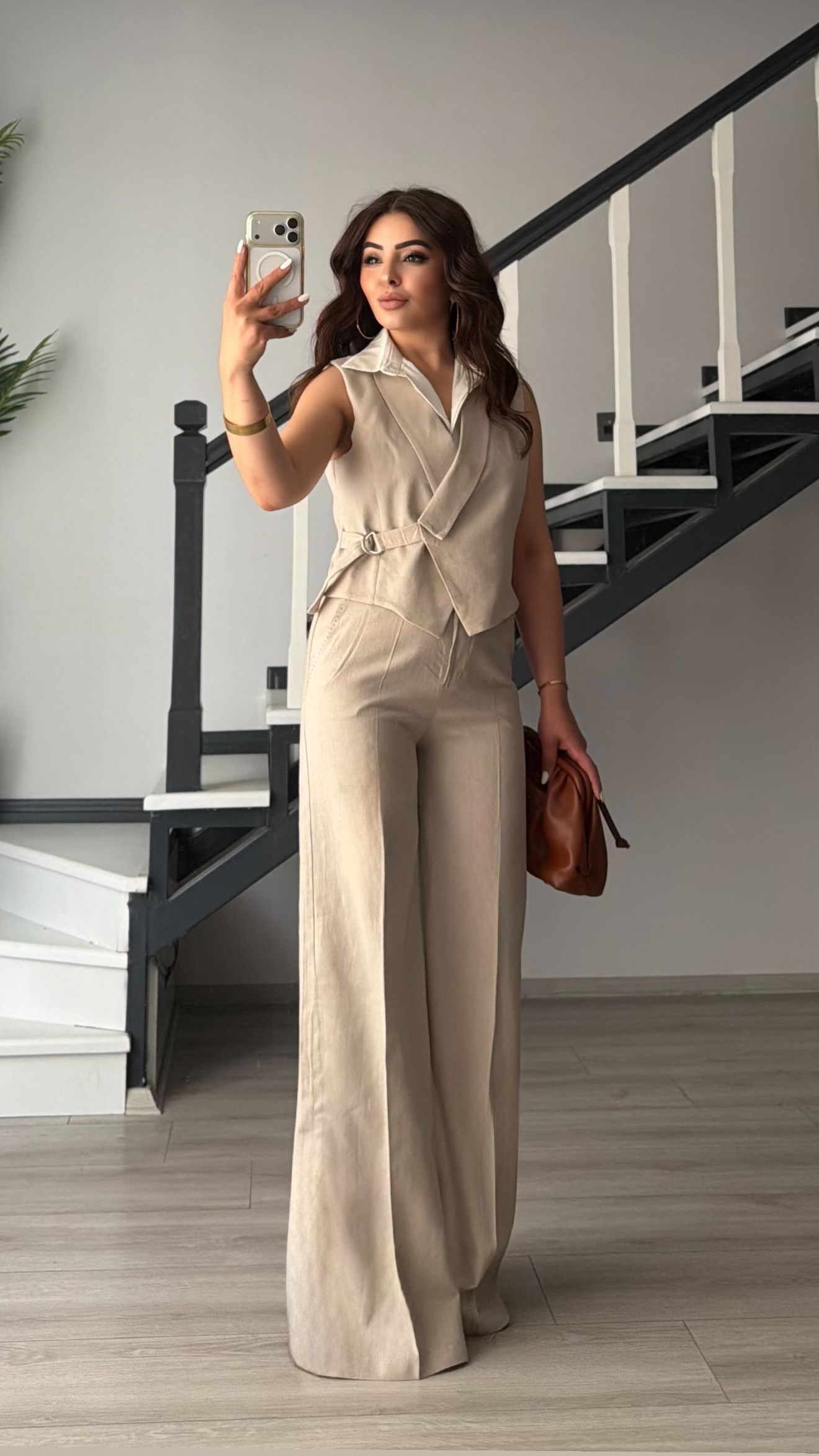 Stone Cotton Linen Pants and Vest Set with Shirt Details