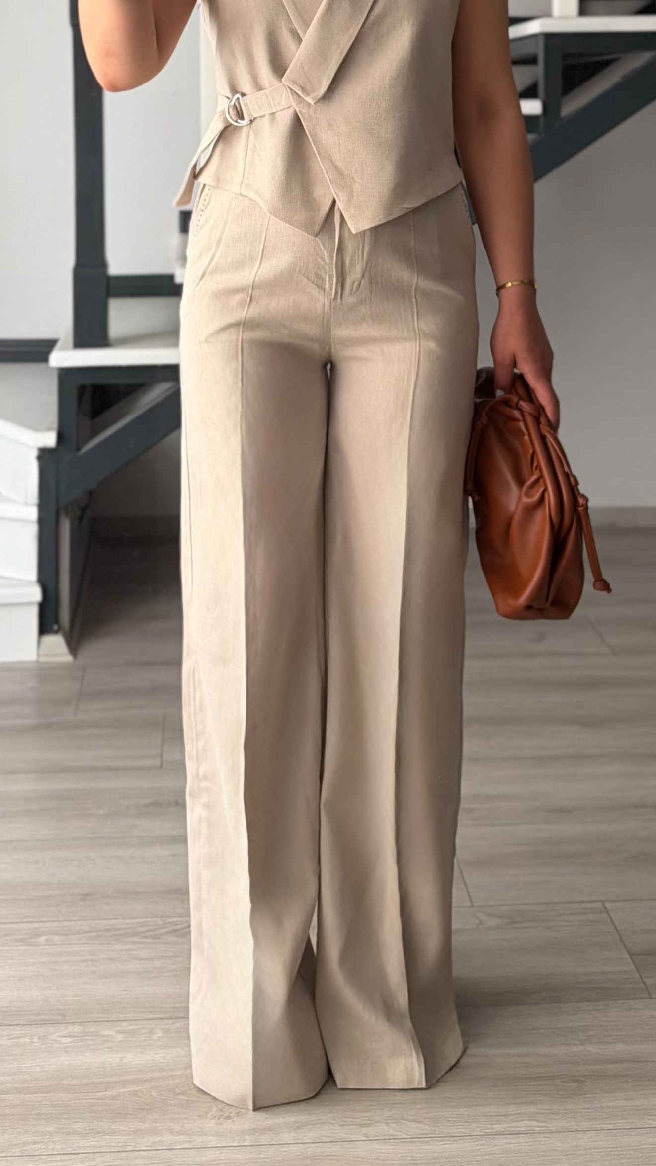Stone Cotton Linen Pants and Vest Set with Shirt Details