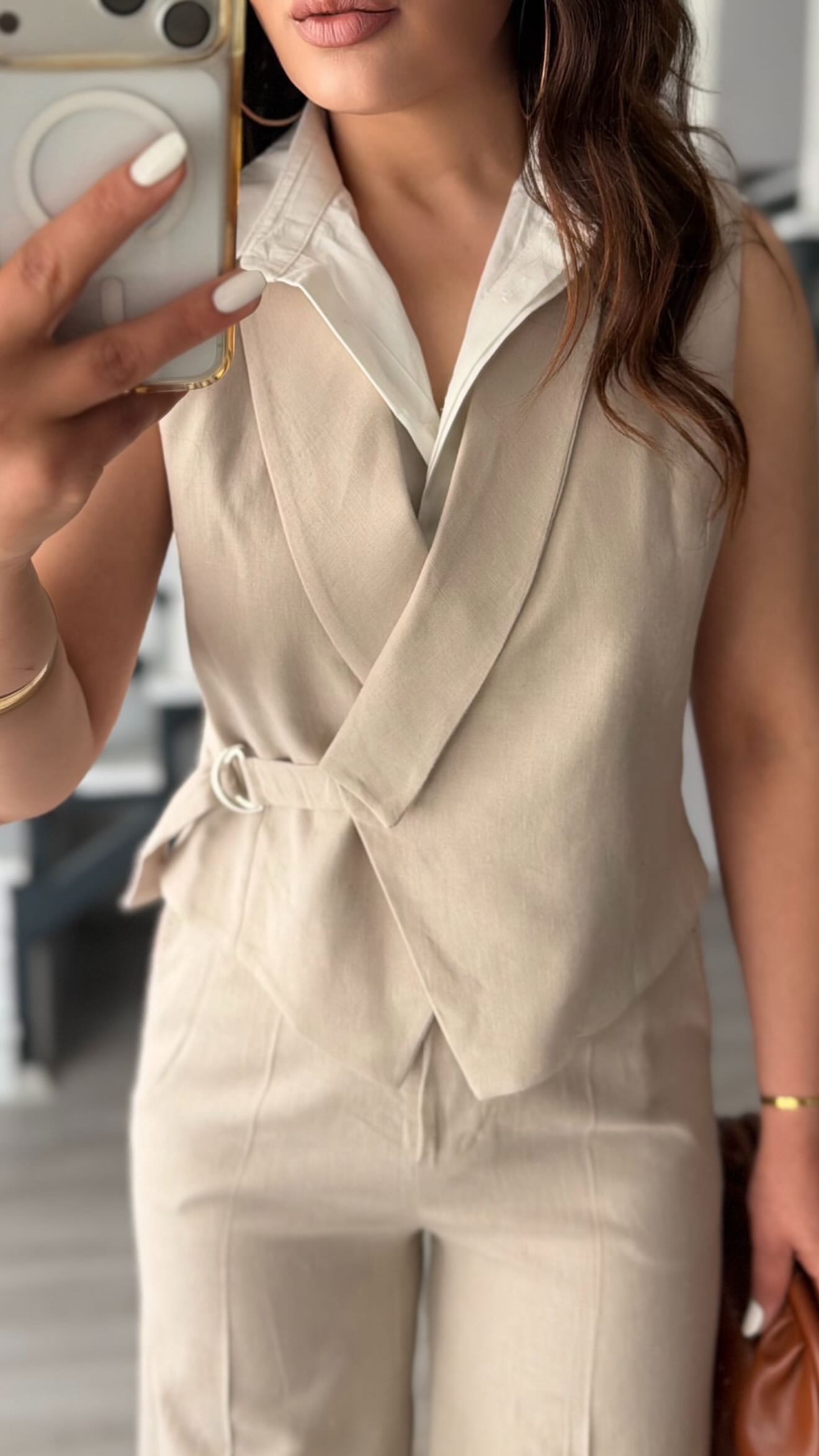 Stone Cotton Linen Pants and Vest Set with Shirt Details