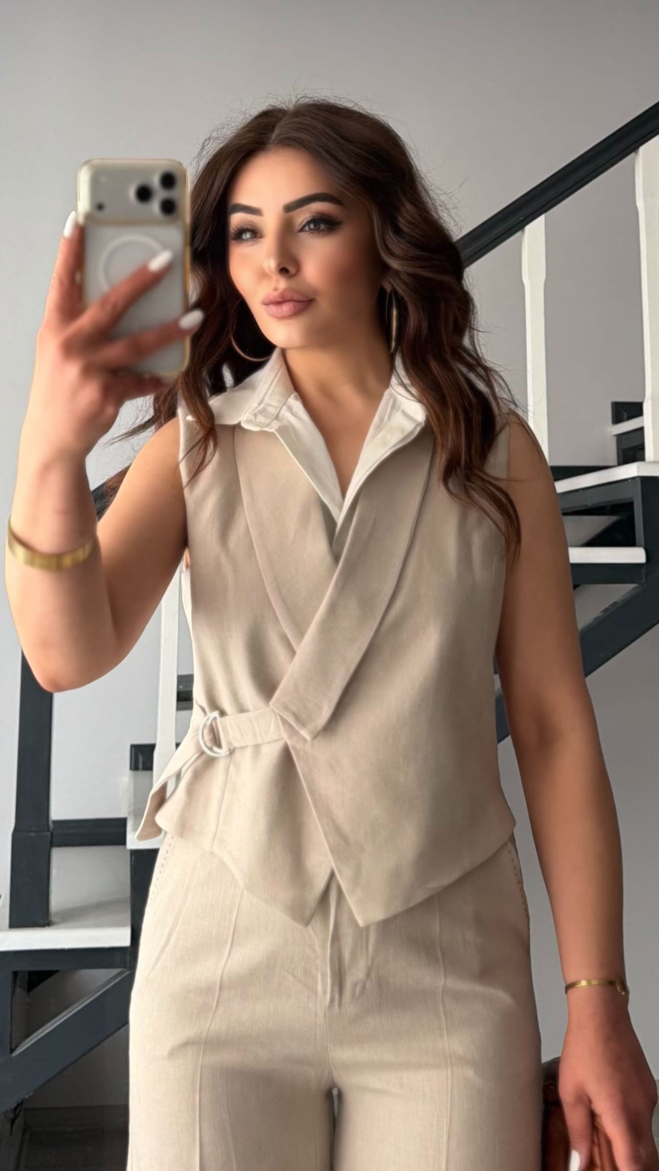 Stone Cotton Linen Pants and Vest Set with Shirt Details