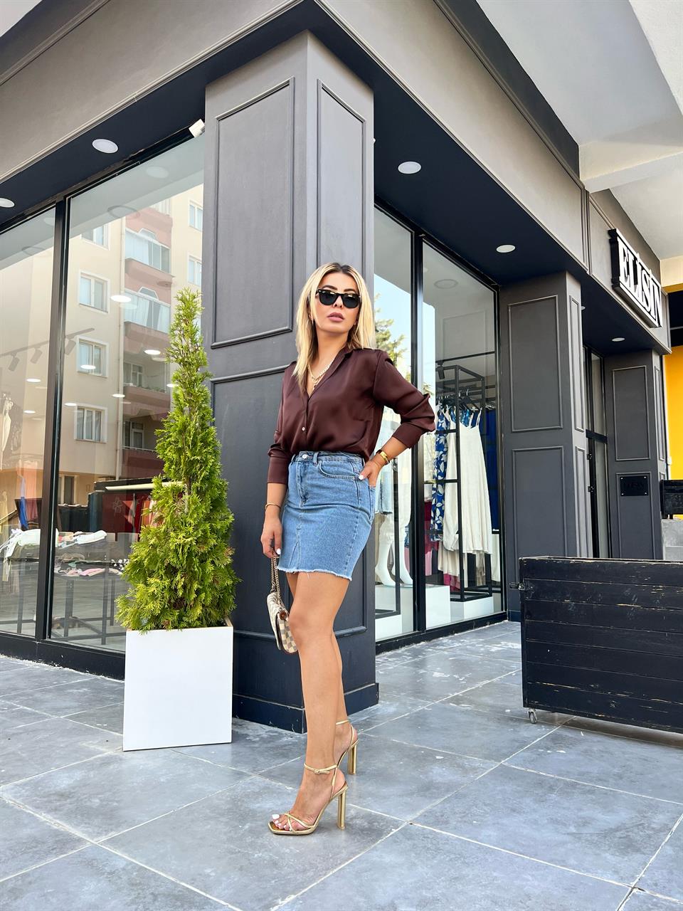 Triangle-Paneled Mini Denim Skirt