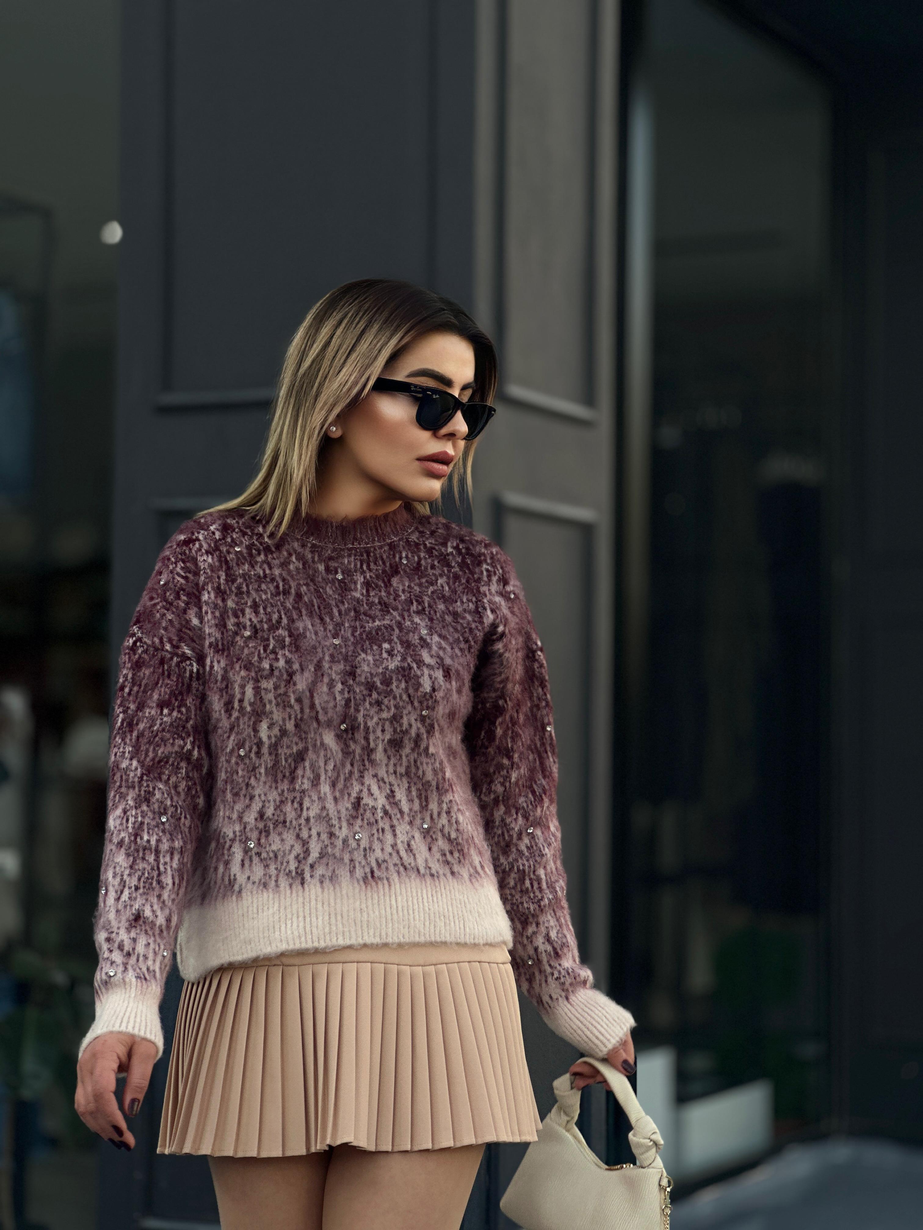 Vanilya Bordo Bisiklet Yaka Taşlı Yumoş Triko