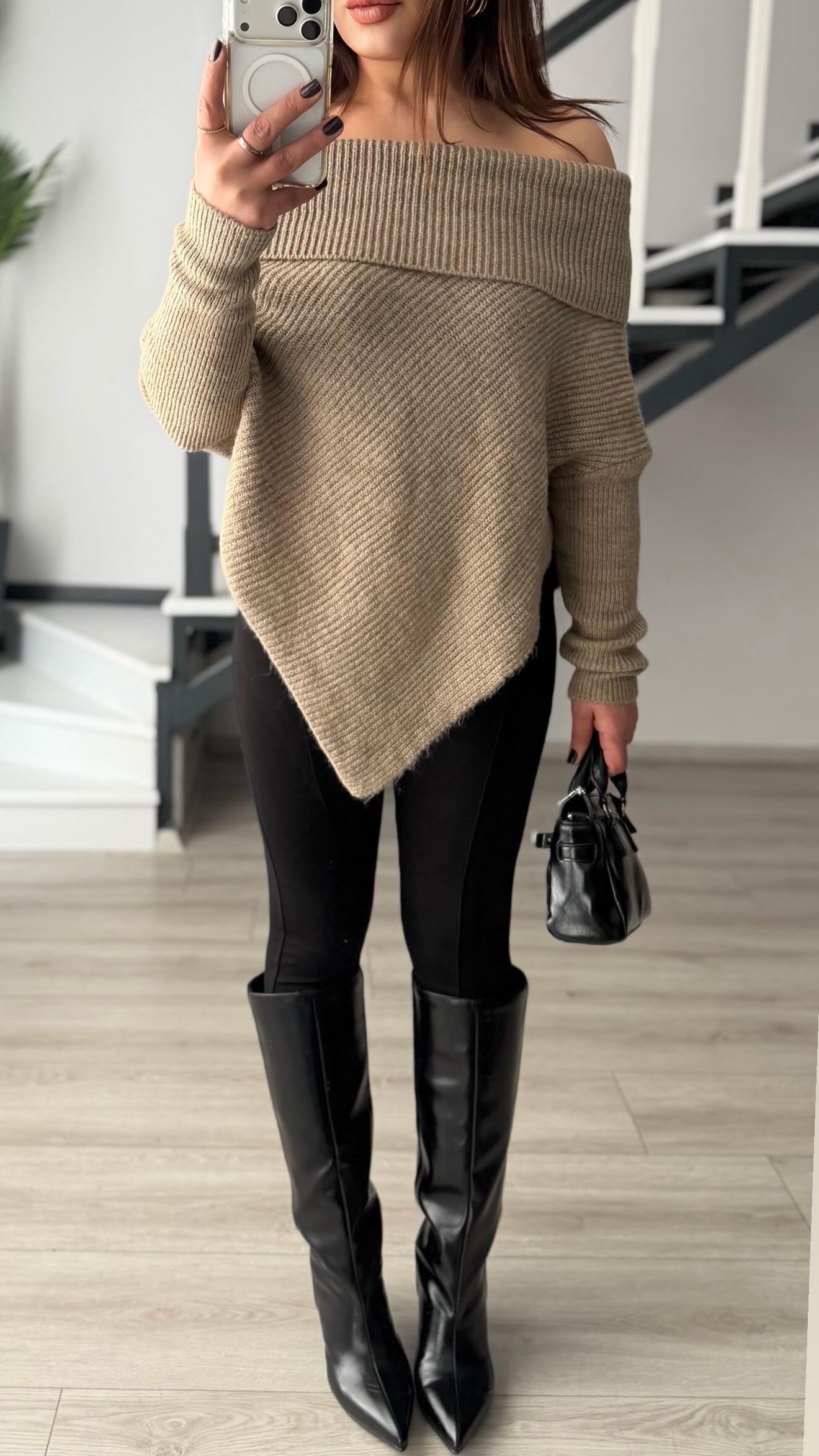 Mink Asymmetrical Cut Madonna Collar Sweater