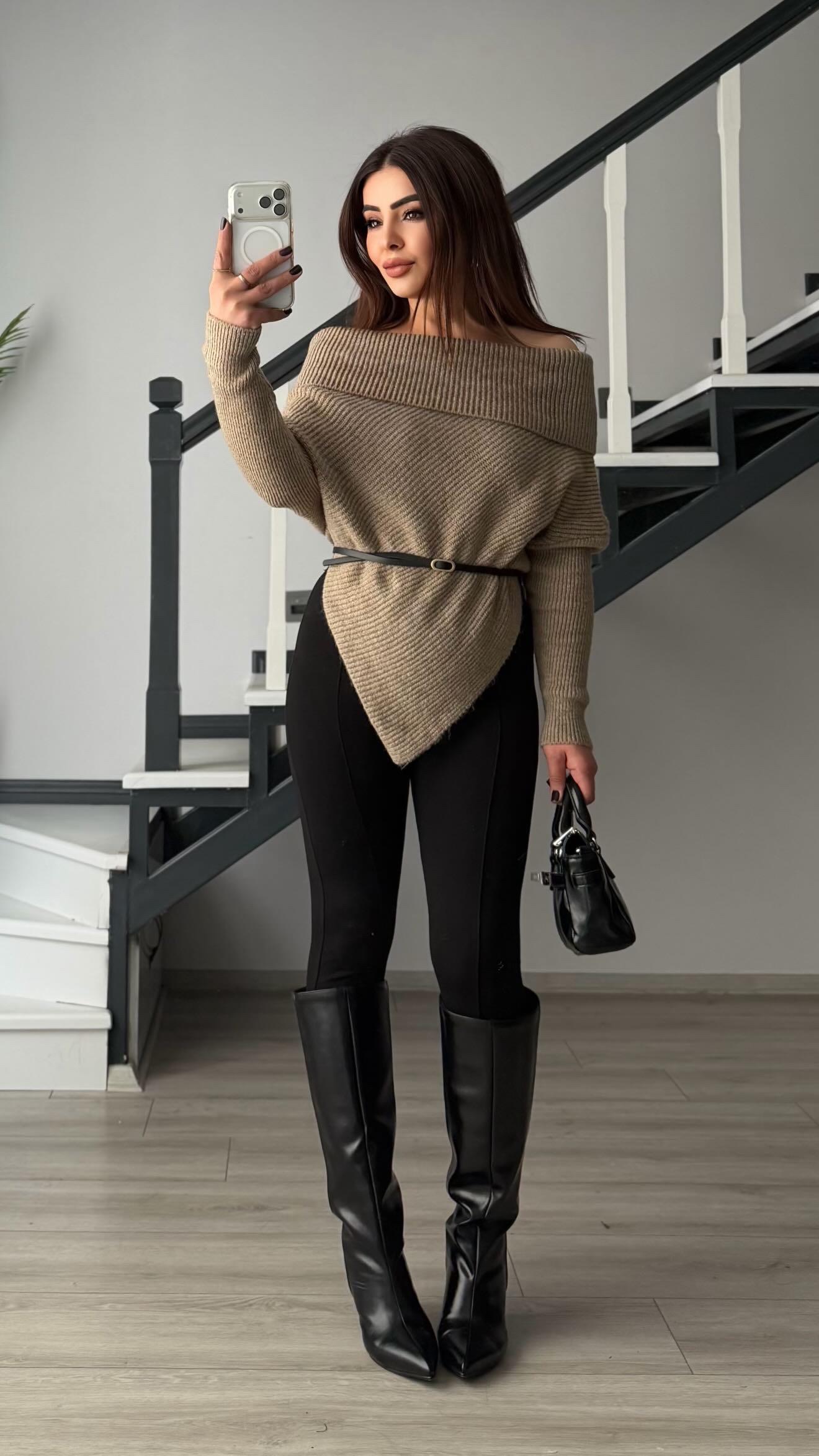 Mink Asymmetrical Cut Madonna Collar Sweater
