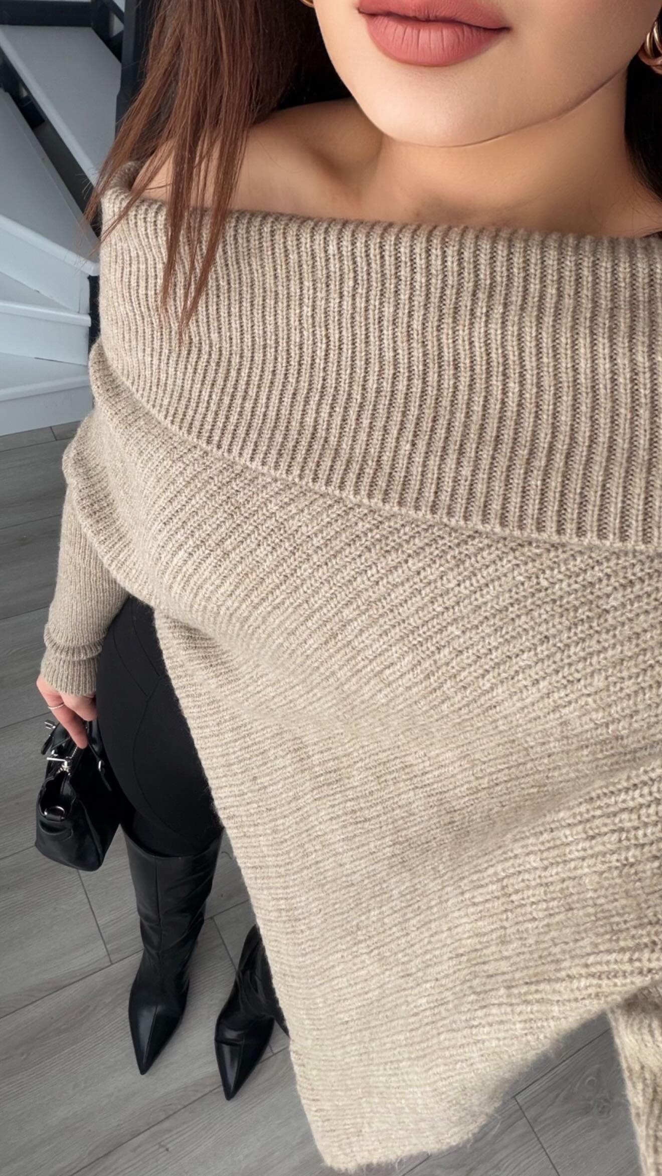 Mink Asymmetrical Cut Madonna Collar Sweater