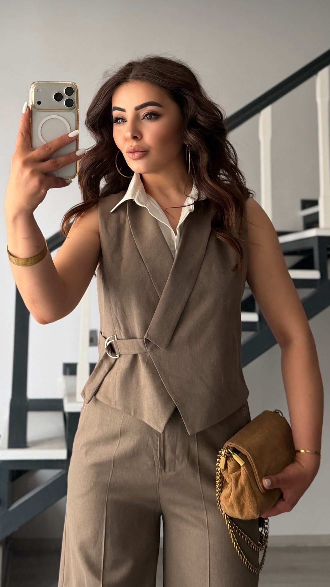 Mink Cotton Linen Pants and Vest Set with Shirt Details
