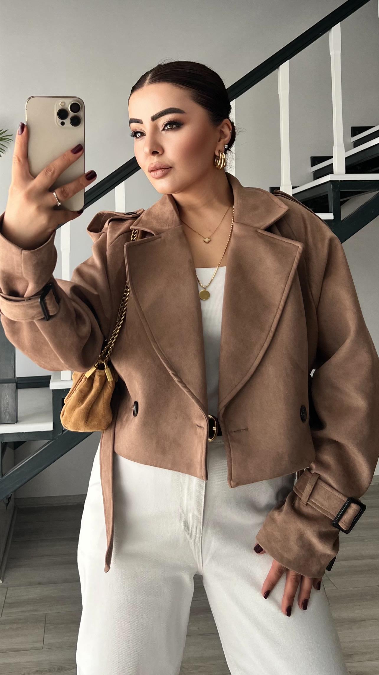 Mink Suede Trench Coat with Shoulder Epaulets and Belt