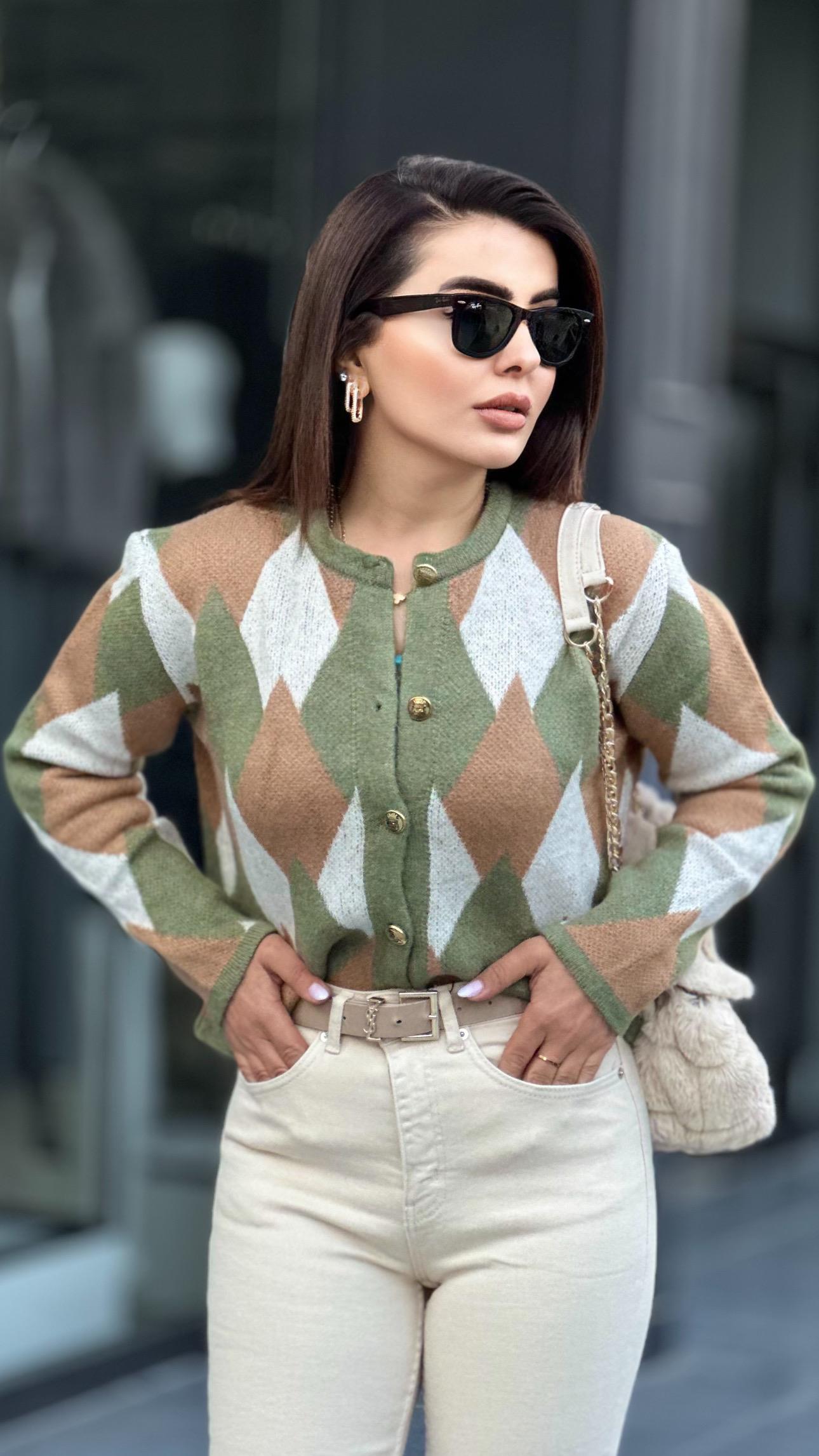 Green - Beige Diamond Pattern Cardigan with Gold Buttons