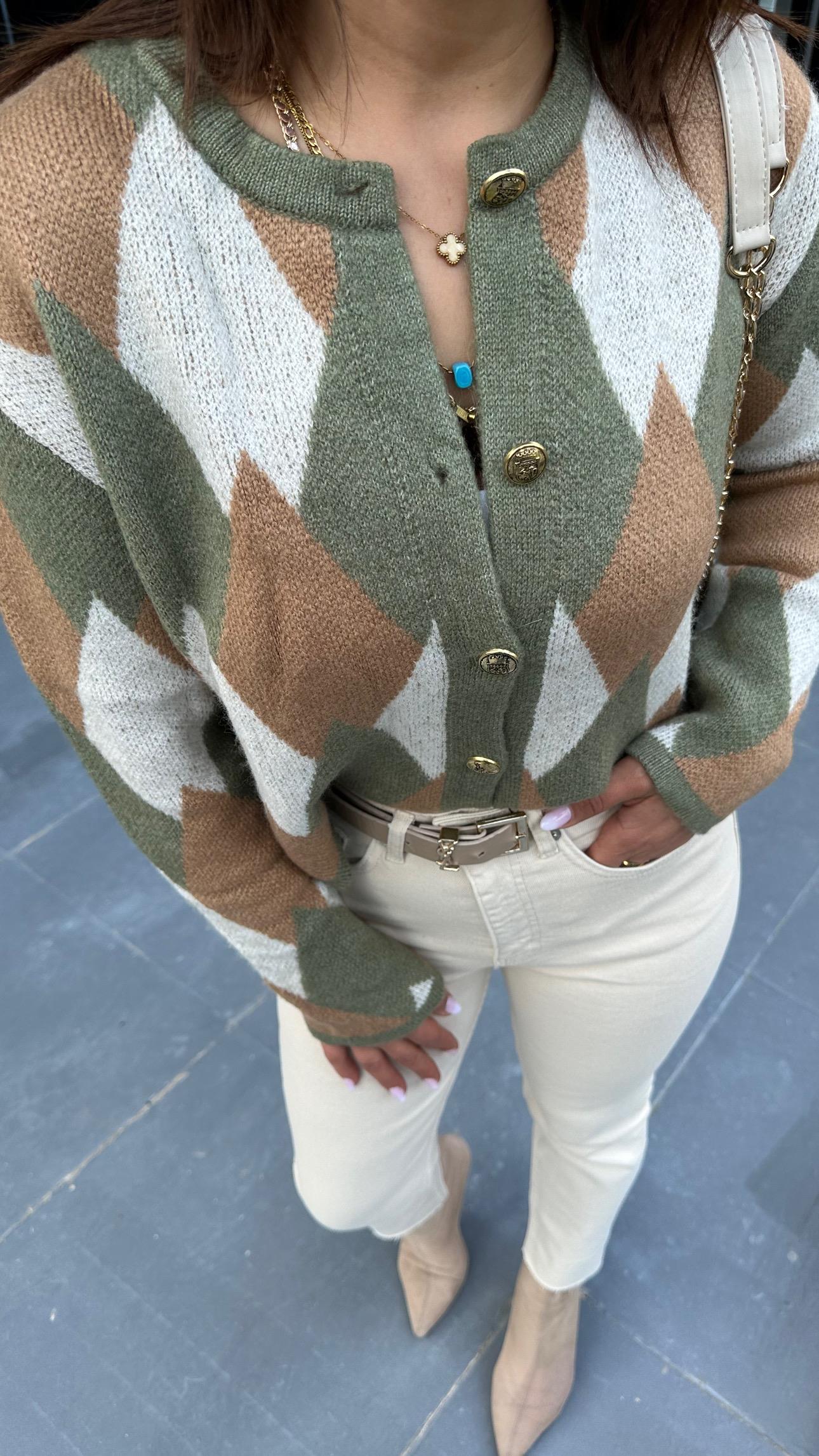 Green - Beige Diamond Pattern Cardigan with Gold Buttons