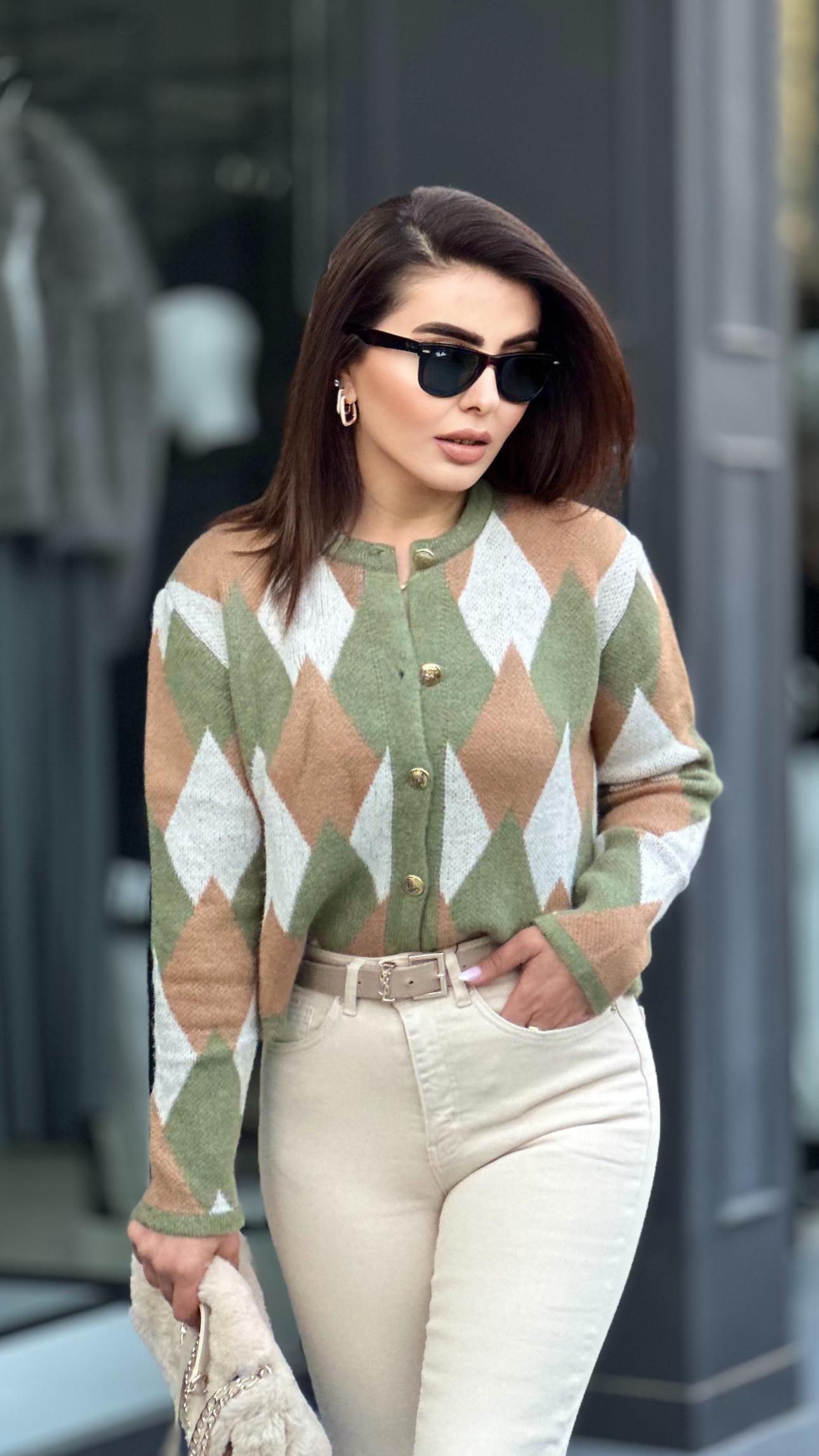Green - Beige Diamond Pattern Cardigan with Gold Buttons
