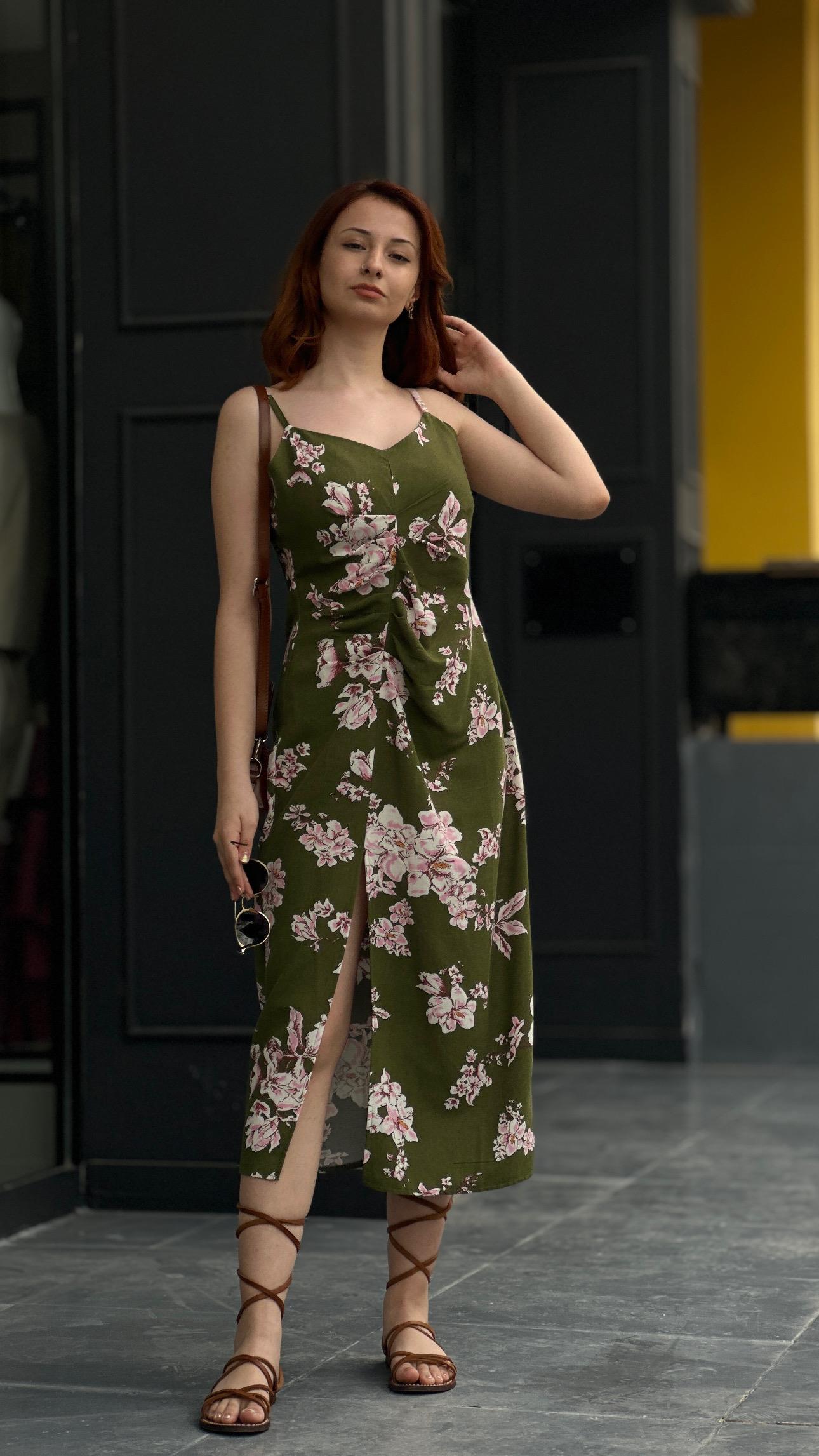 Green Floral Linen Dress