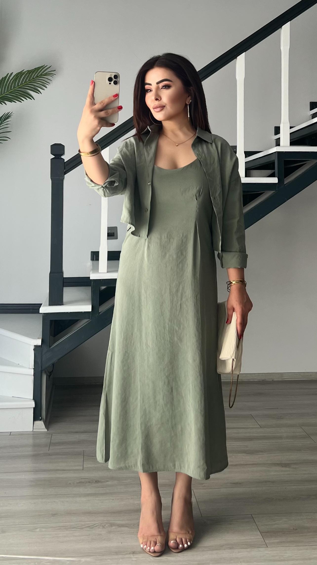 Green Modal Fabric Shirt Dress Set