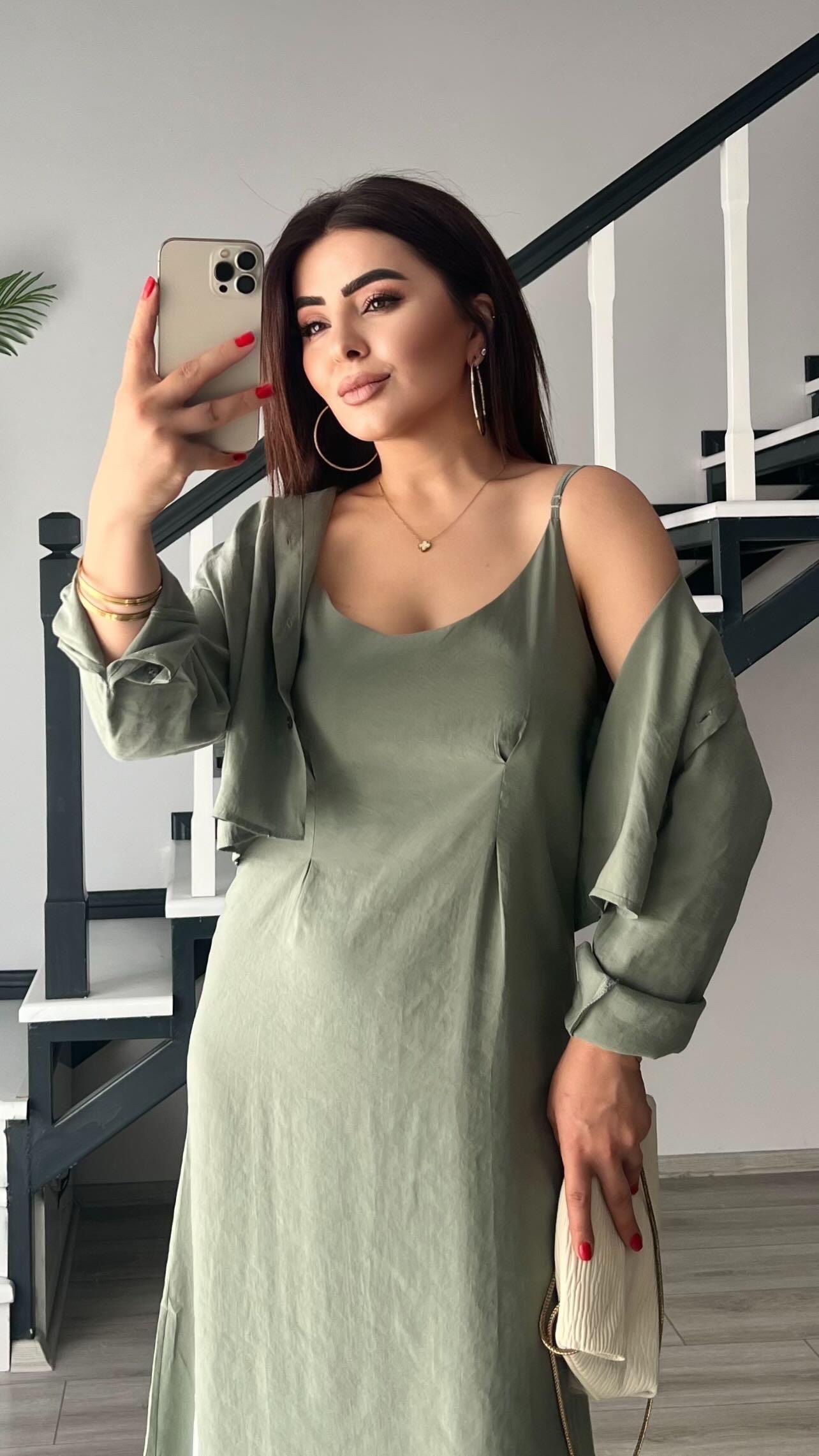 Green Modal Fabric Shirt Dress Set